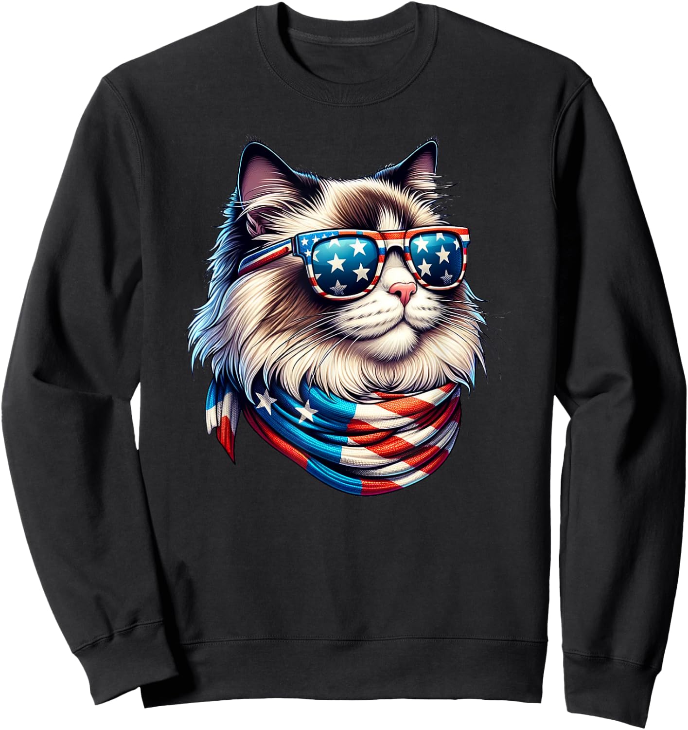 Ragdoll Cat USA Flag Sunglasses Patriotic Cat 4th of July Women Men Sweatshirt - Sweatshirt | Black