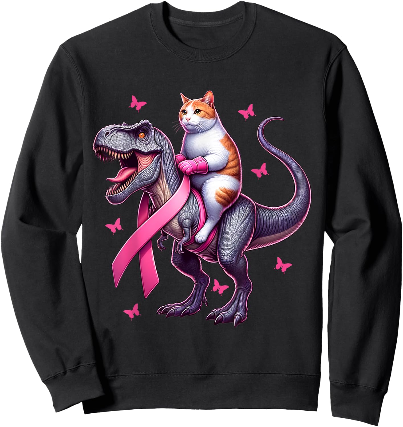 Cat Riding T Rex Dinosaur. Breast Cancer Awareness Women Kids Sweatshirt - Sweatshirt | Black