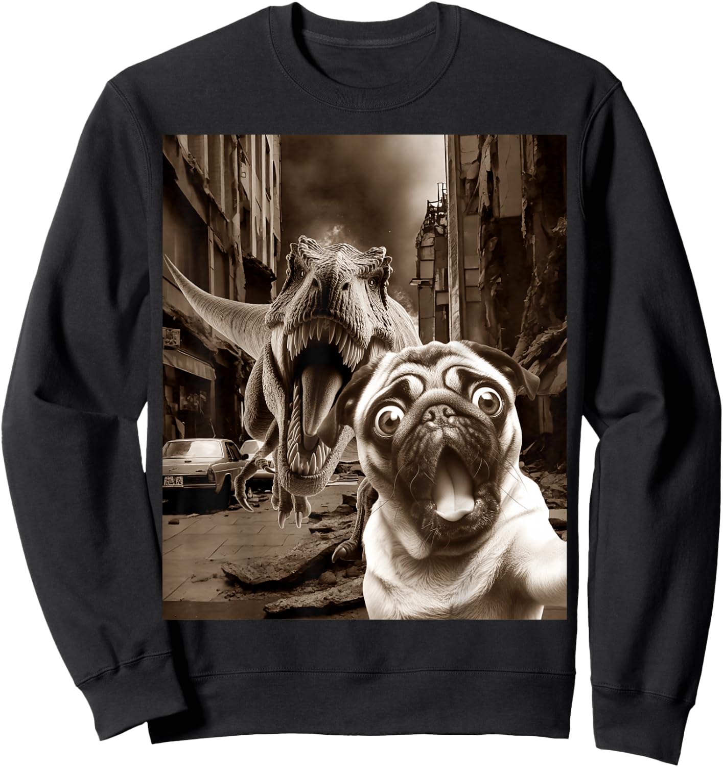Funny Pug Selfie With T-rex Tyrannosaurus Dog Dinosaur Sweatshirt - Sweatshirt | Black