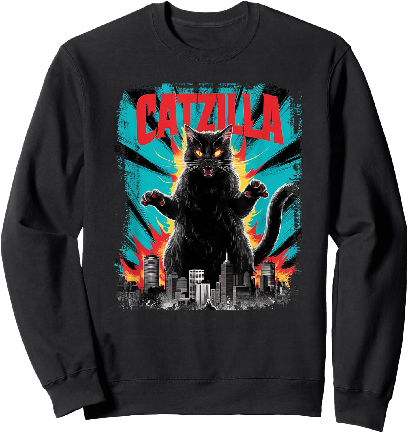 Catzilla Funny Cat Graphic Japanese Cityscape Sweatshirt - Sweatshirt | Black