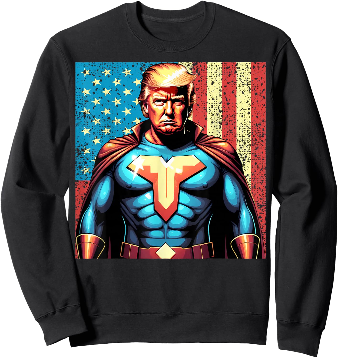 Donald Trump 2024 Superhero Distressed American Flag Sweatshirt - Sweatshirt | Black