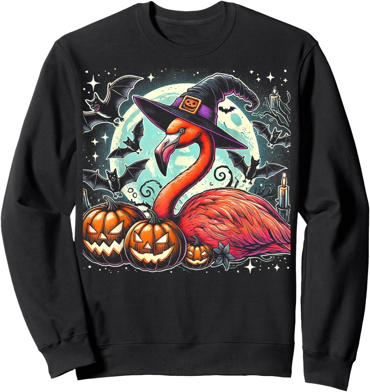Flamingo Witch Halloween - Spooky Pumpkin Art Sweatshirt - Sweatshirt | Black