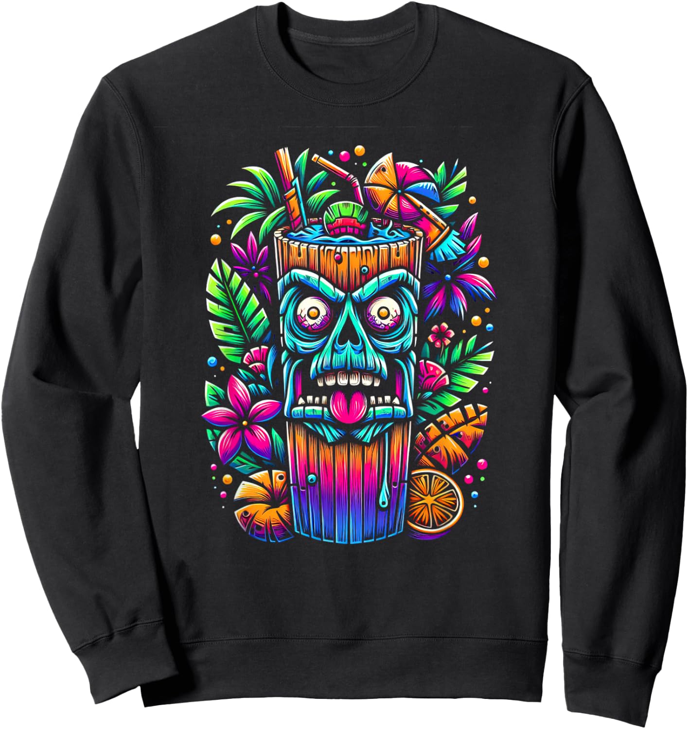Zombie Tiki Glass Tropical Horror Fan Fun Summer Vacation Men Women Sweatshirt - Sweatshirt | Black
