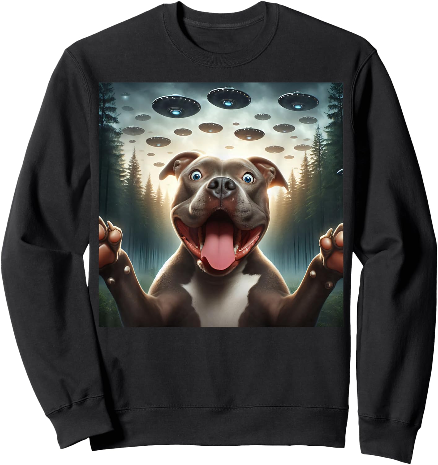 Pitbull Selfie with UFO alien funny surprised Pitbull dog Men Women Kids Sweatshirt - Sweatshirt | Black