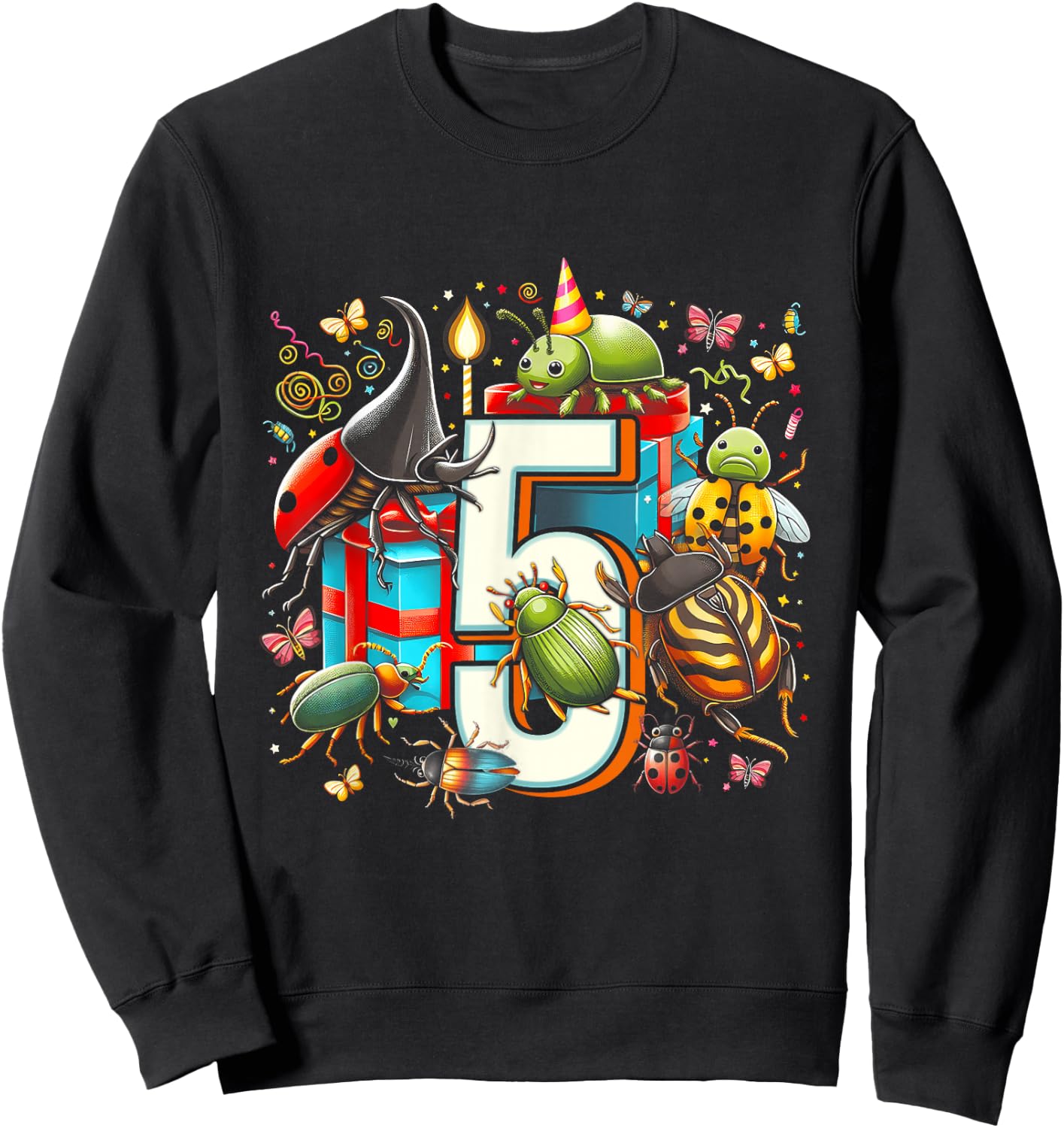 Kids 5th Birthday Bugs Insects Beetles Biology 5 Year Old Sweatshirt - Sweatshirt | Black