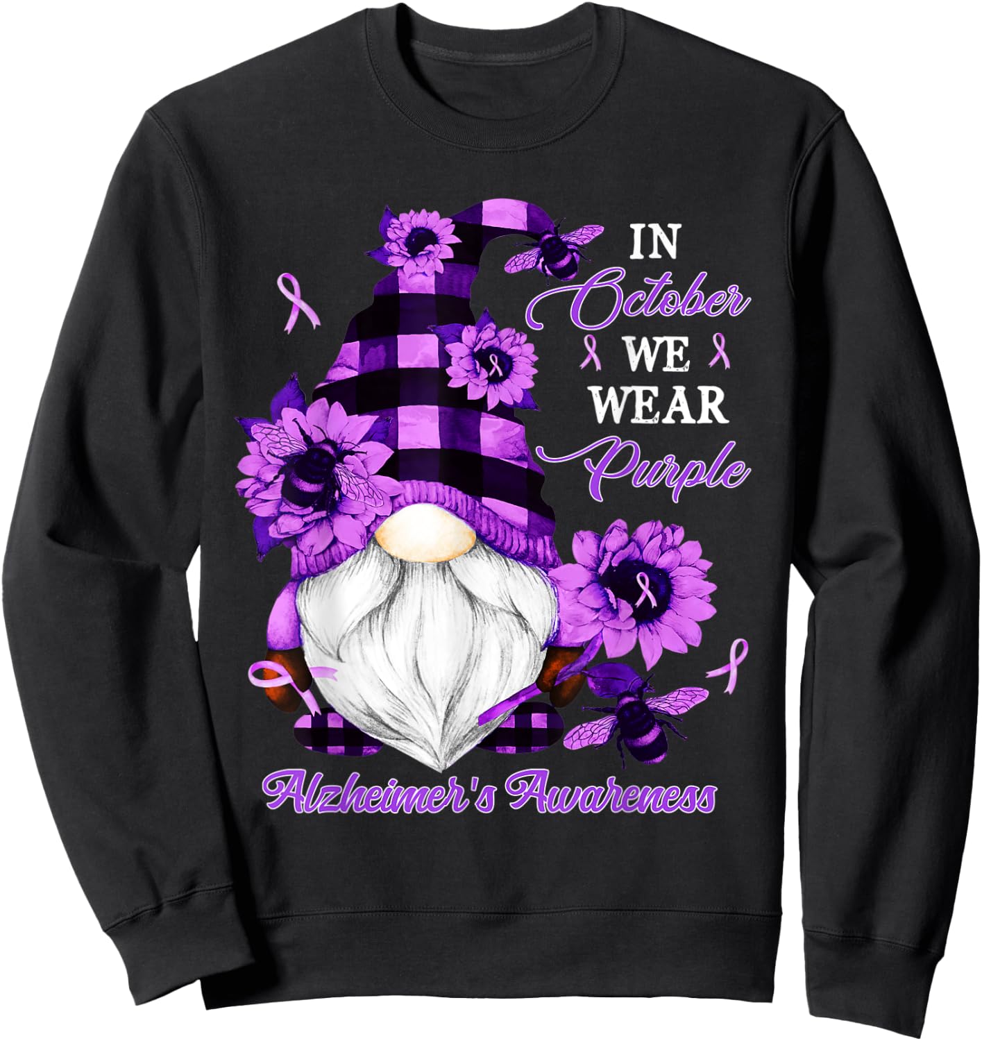 In October We Wear Purple Gnome Alzheimer's Awareness Sweatshirt - Sweatshirt | Black