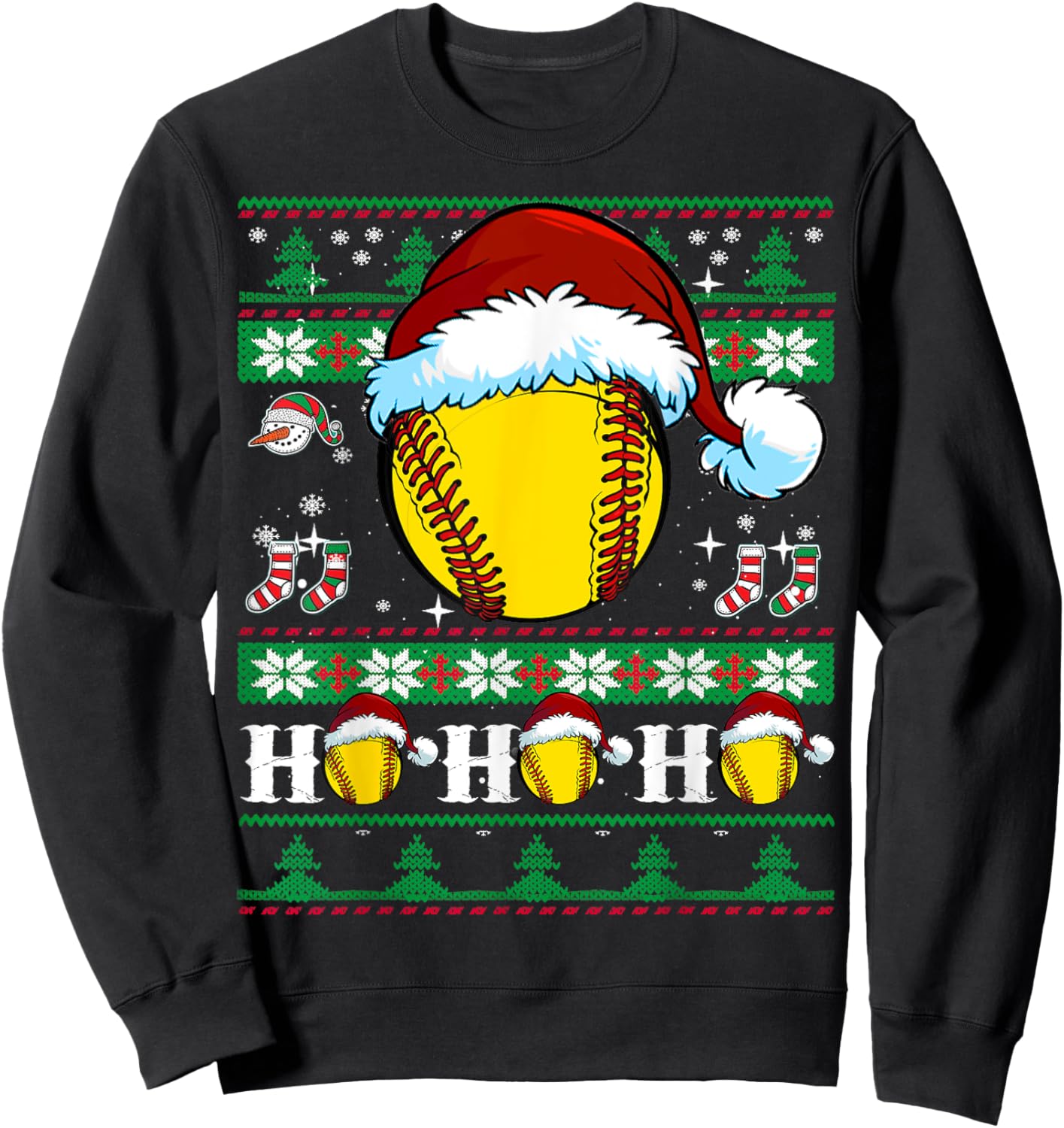 Ugly Christmas Softball Ho Ho Funny Xmas Sports Santa Hat Sweatshirt - Sweatshirt | Black
