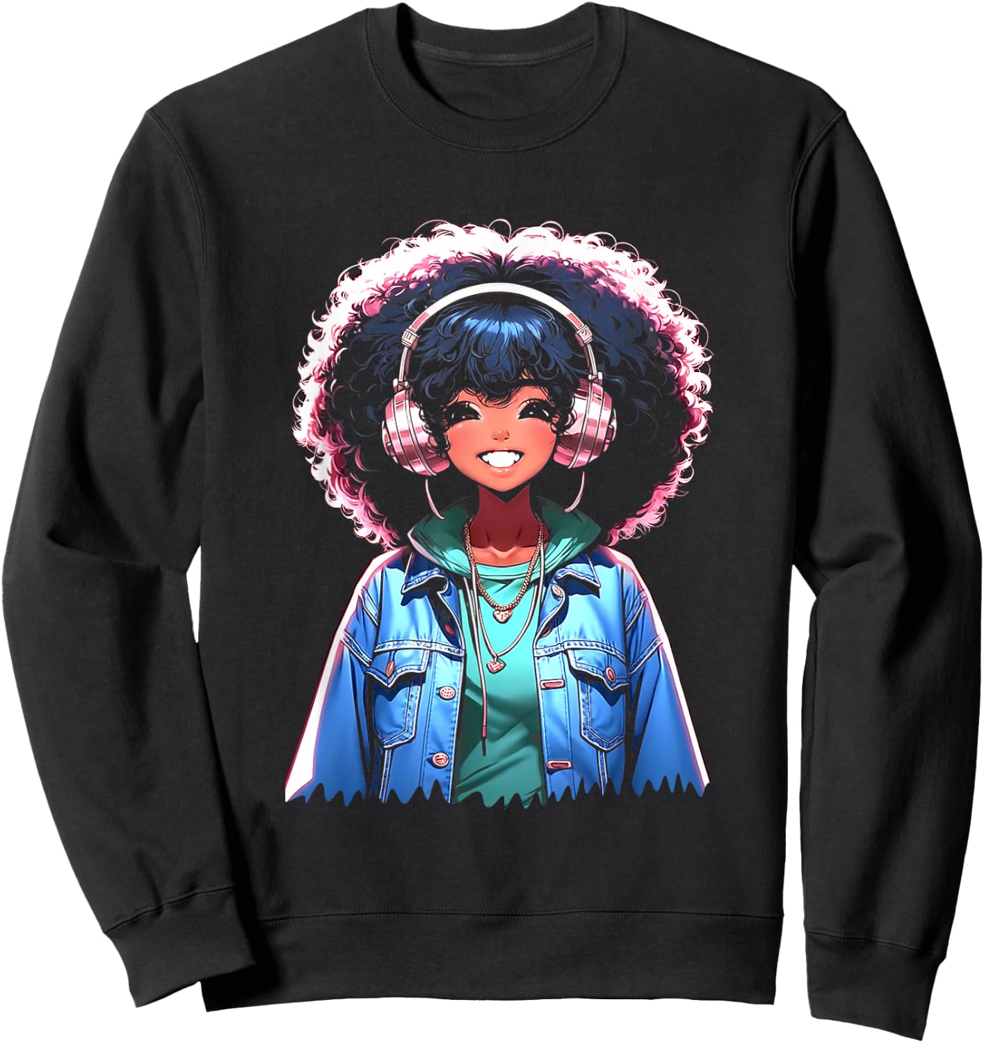 Anime and Music Black Girl Anime Merch Afro African American Sweatshirt - Sweatshirt | Black