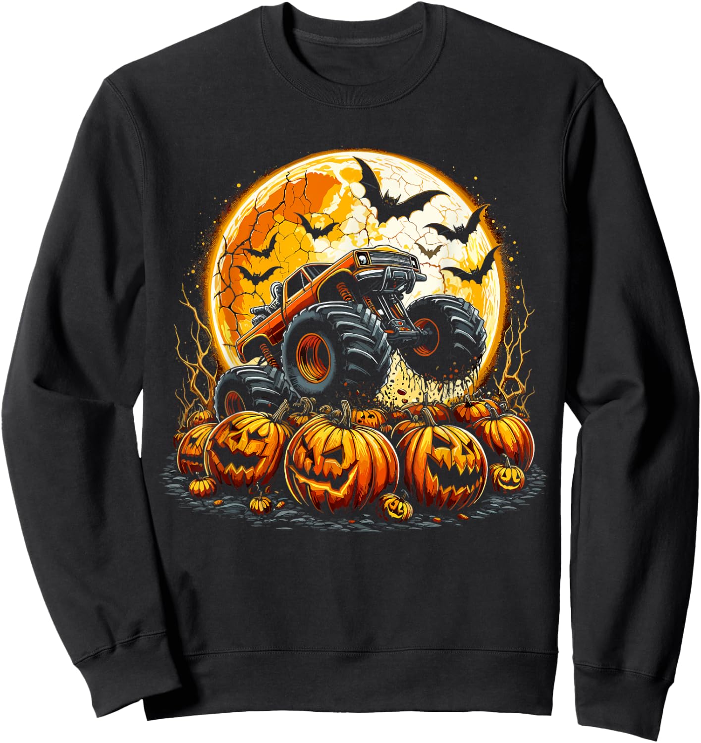 Monster Truck Halloween Jack O Lantern Pumpkin Moon Sweatshirt - Sweatshirt | Black