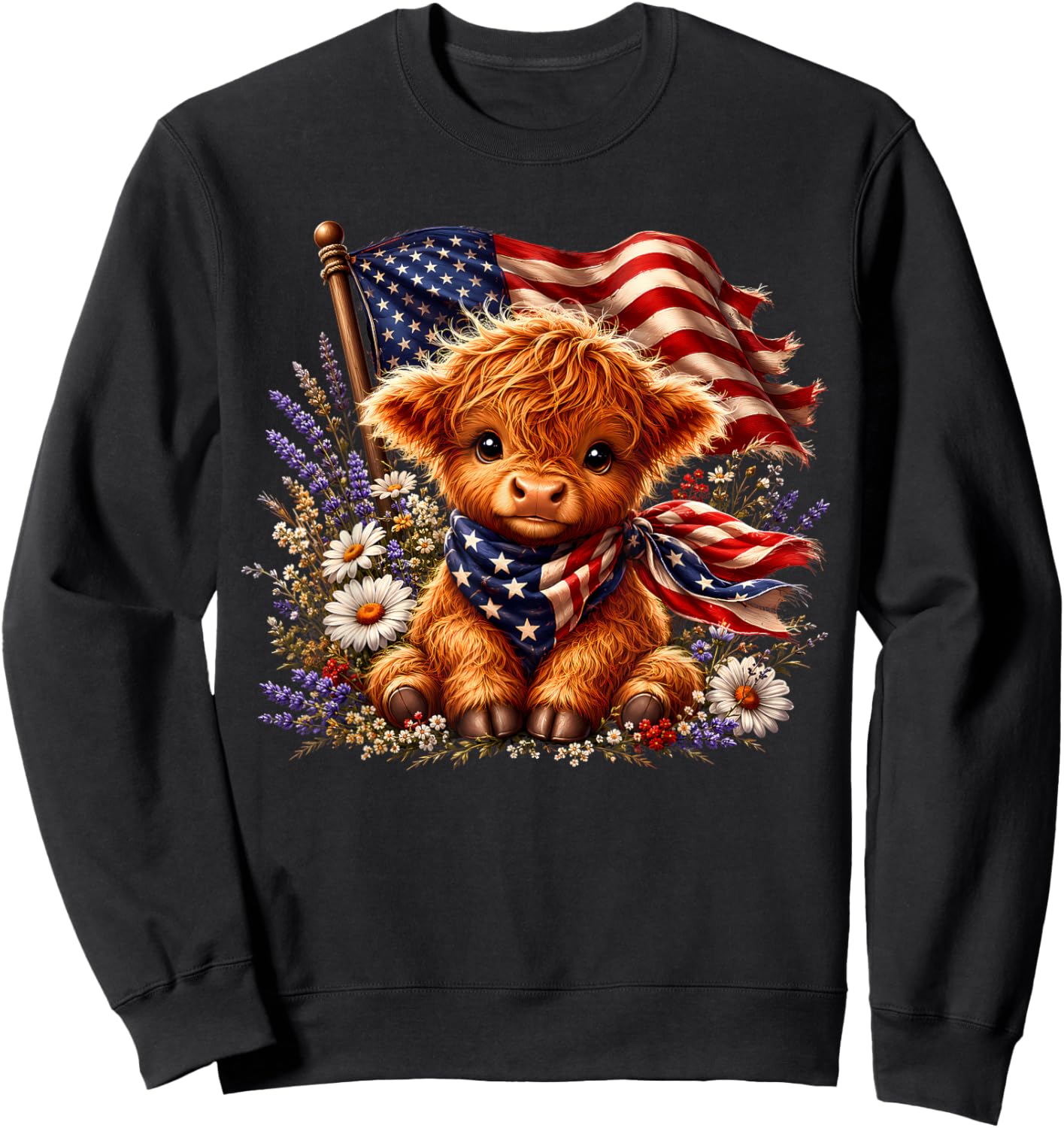 Highland Cow Florals 4th of July American USA Flag Patriotic Sweatshirt - Sweatshirt | Black