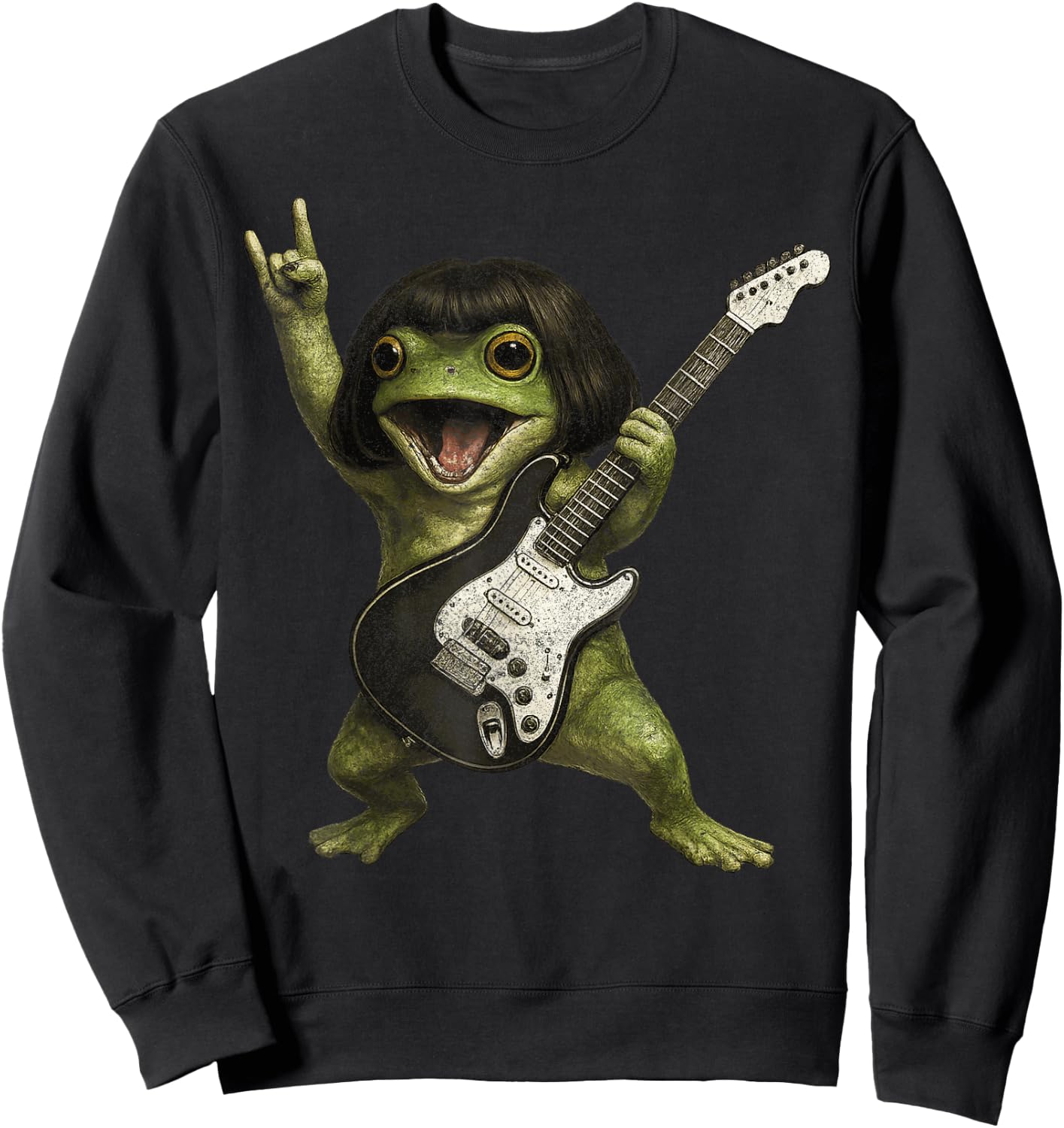 Funny Bob Haircut Frog Playing Guitar Rock and Roll Meme Sweatshirt - Sweatshirt | Black
