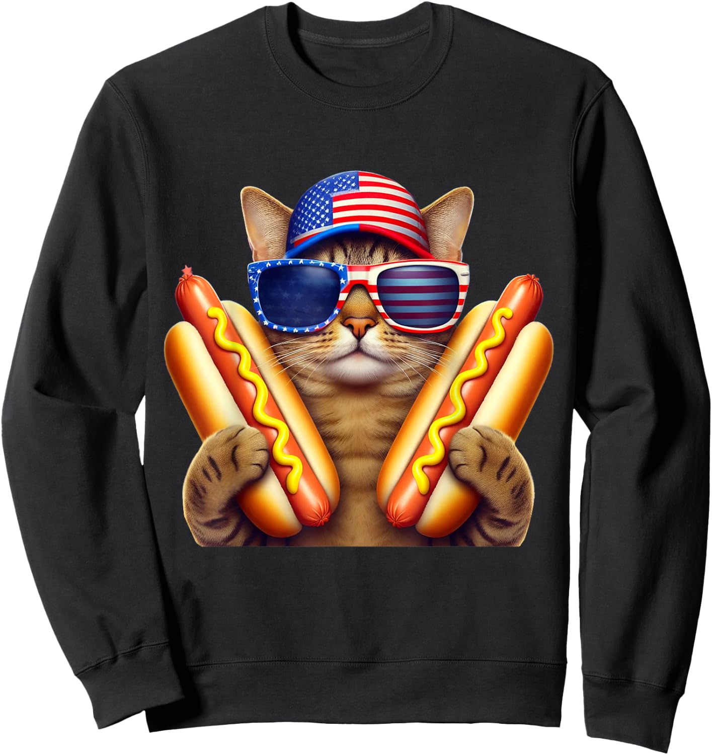 4th of July Hotdog Cat Funny Patriotic Cat USA Flag Wiener Sweatshirt - Sweatshirt | Black