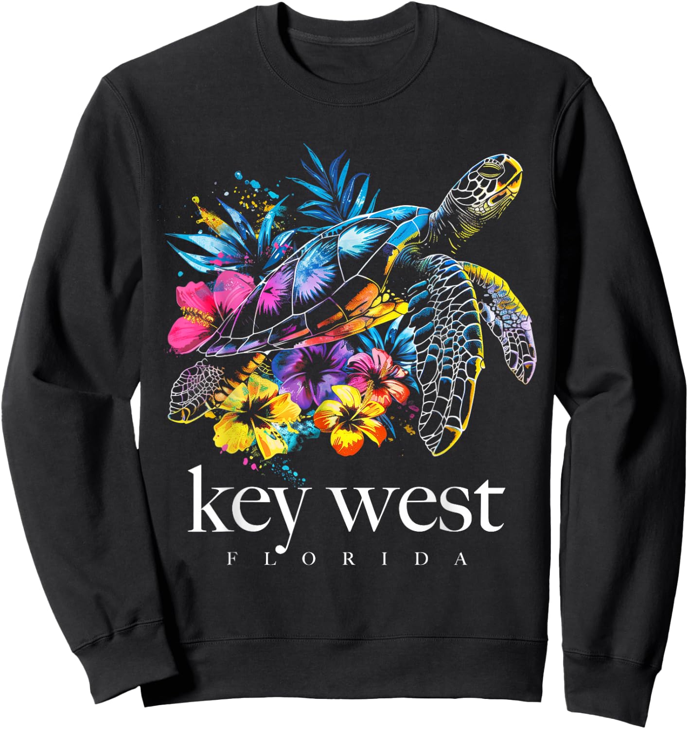 Key West Beach Florida Turtle Flowers Surfer Souvenir Sweatshirt - Sweatshirt | Black