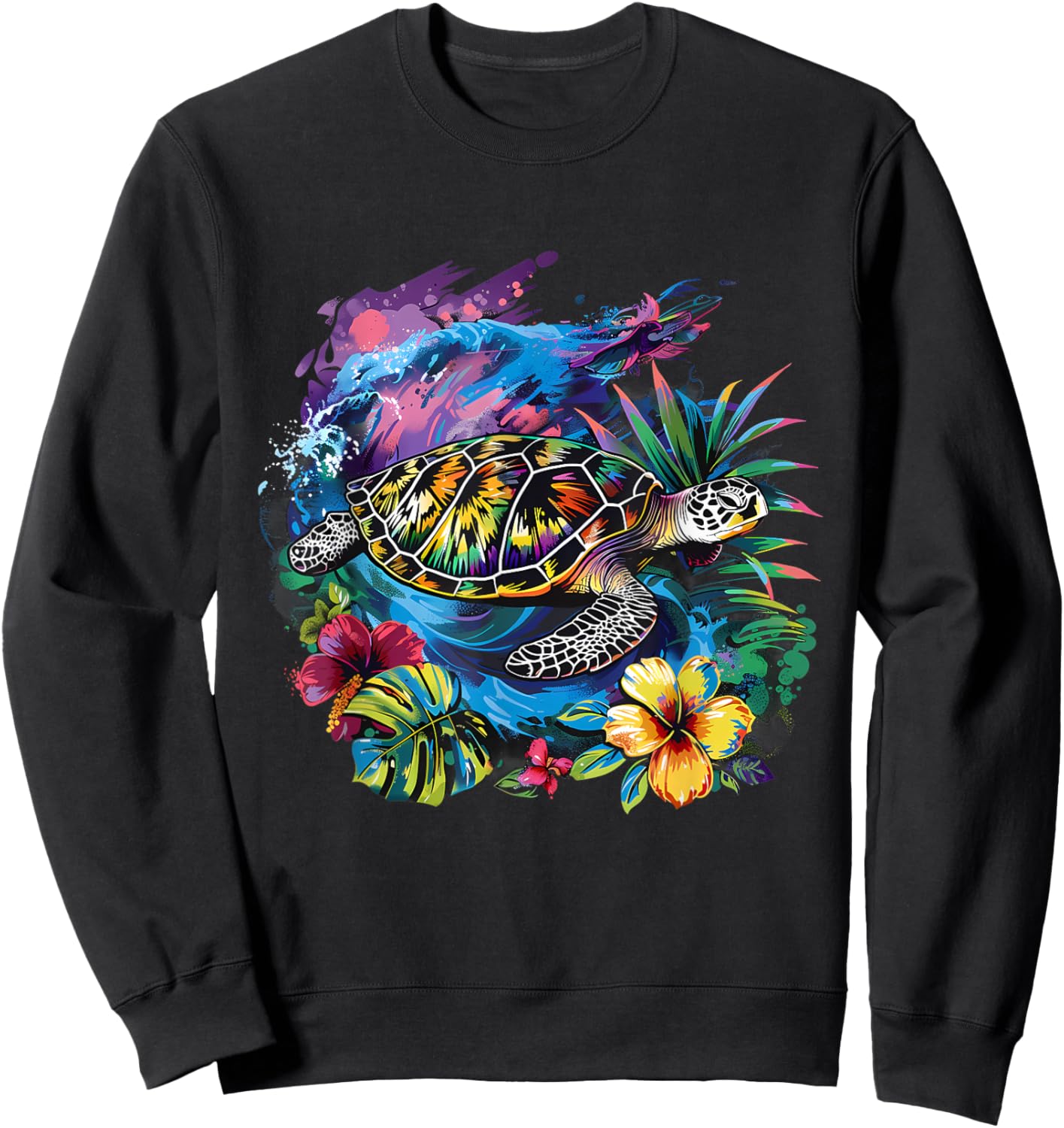 Sea Turtle Floral Artwork Marine Mammal Sea Ocean Animal Sweatshirt - Sweatshirt | Black