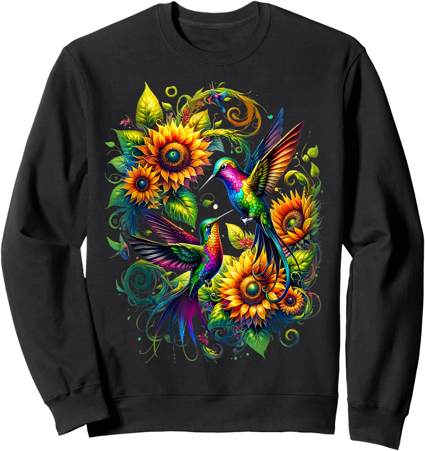 Colorful Hummingbird Sunflower Birds Watching Art Women Men Sweatshirt - Sweatshirt | Black
