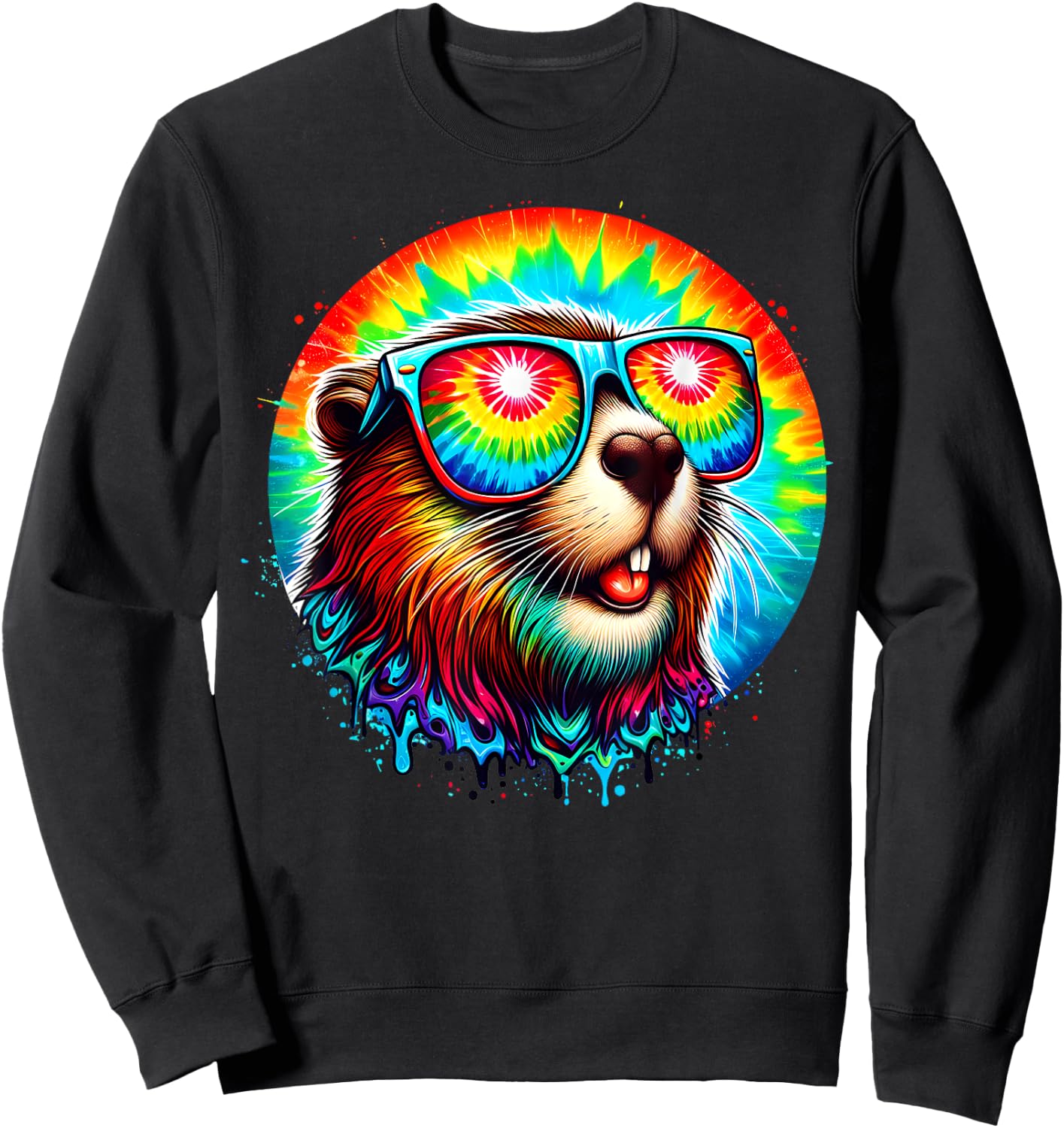 Cool Tie Dye Sunglasses Beaver Illustration Graphic Art Sweatshirt - Sweatshirt | Black