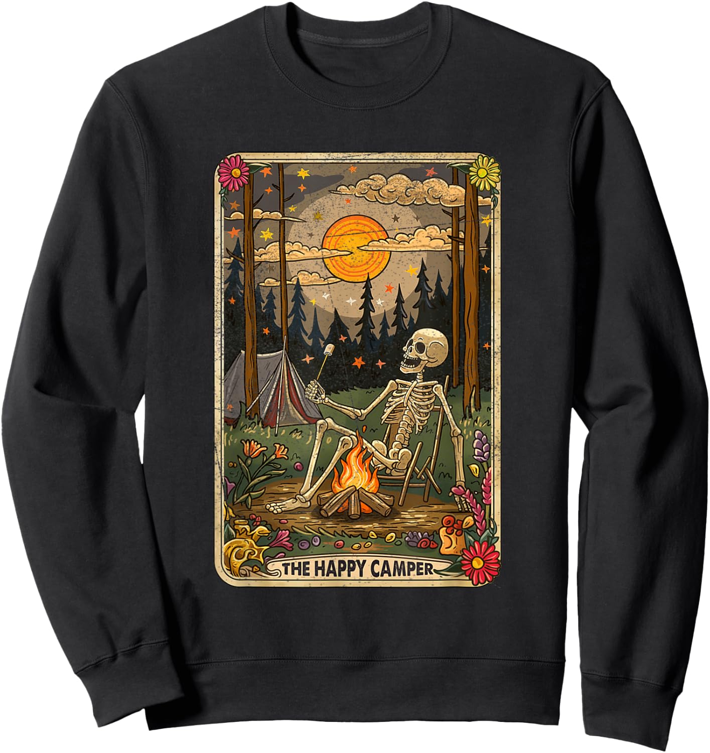 The Happy Camper Cute Skeleton Marshmallow Mystic Tarot Card Sweatshirt - Sweatshirt | Black