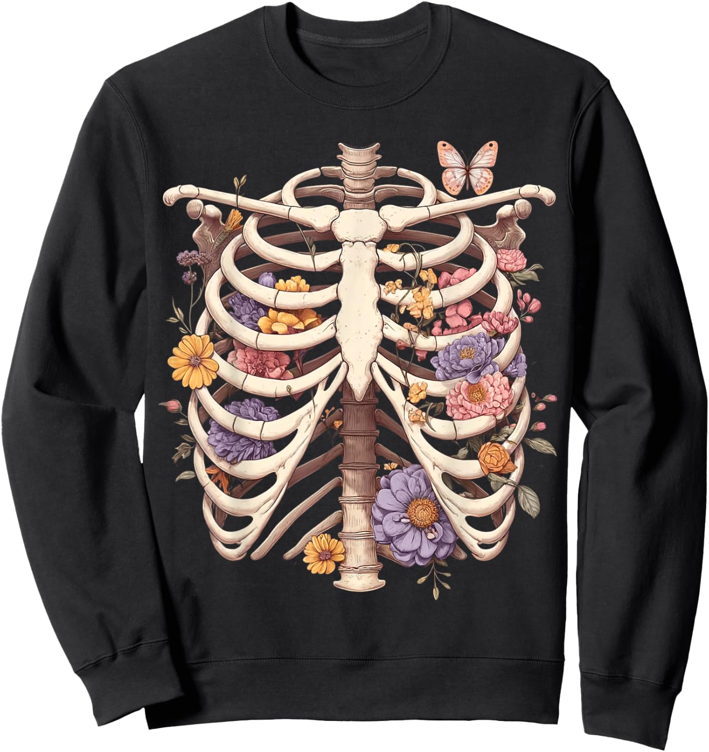 Goth Heart Ribcage with Butterflies and Flowers Skeleton Sweatshirt - Sweatshirt | Black