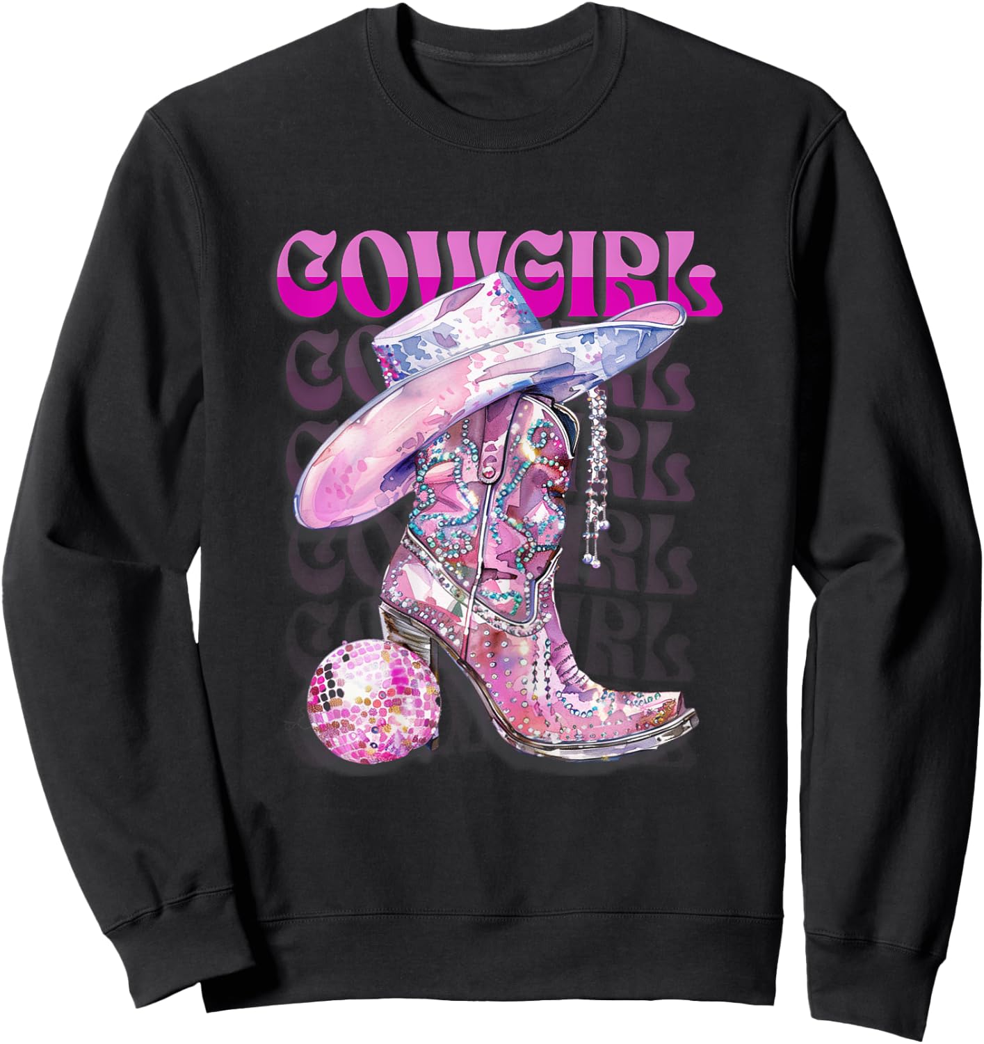 Pink Cowgirl Boots Disco Western Country Cow Girl Coastal Sweatshirt - Sweatshirt | Black