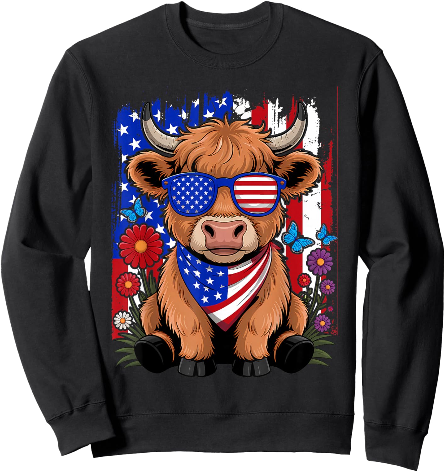 Cute Highland Cow Florals 4th of July USA Flag Patriotic Cow Sweatshirt - Sweatshirt | Black