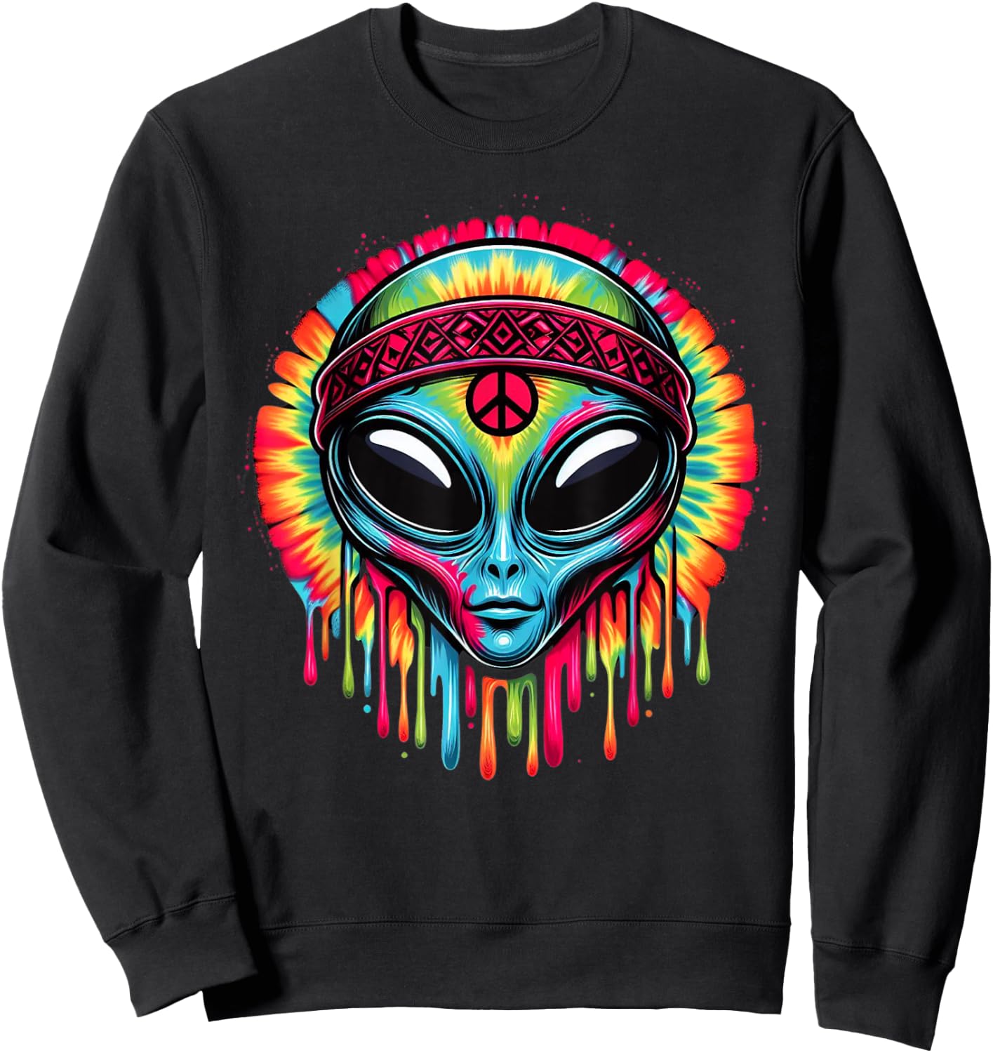 Tie-Dye Alien Peace Sign Funny Boho Hippie Sweatshirt - Sweatshirt | Black