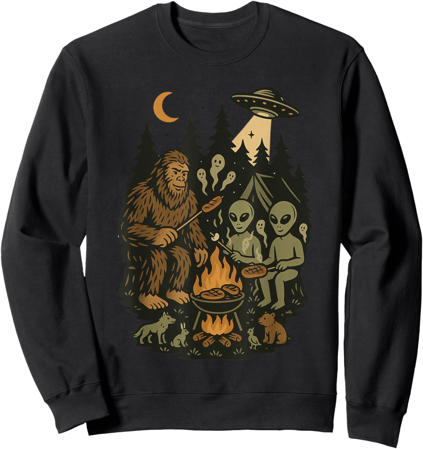 Bigfoot and Aliens Cooking in Forest with UFOs and Animals Sweatshirt - Sweatshirt | Black