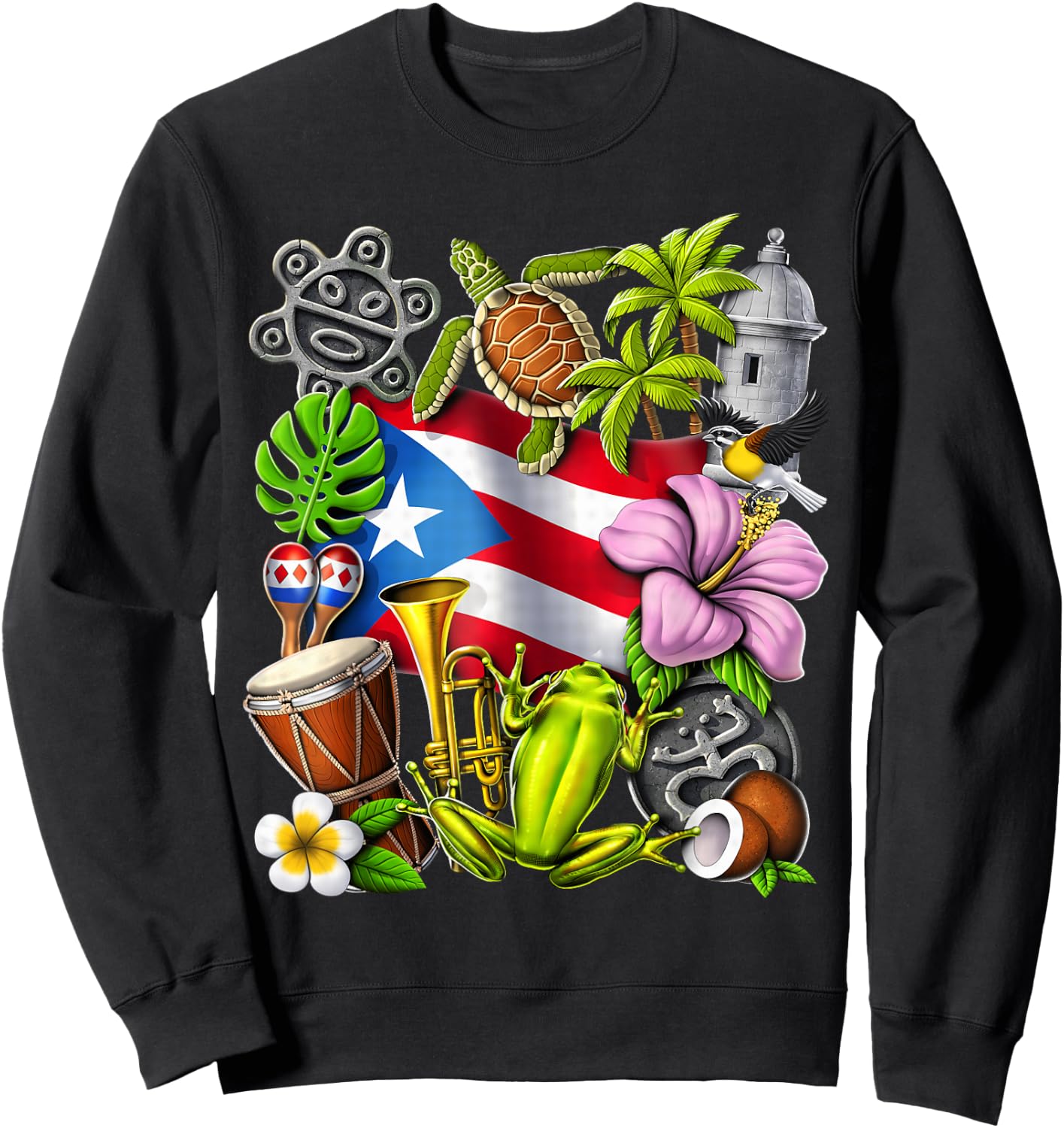 Puerto Rico Boricua Coqui Frog Taino Sun Puerto Rican Flag Sweatshirt - Sweatshirt | Black