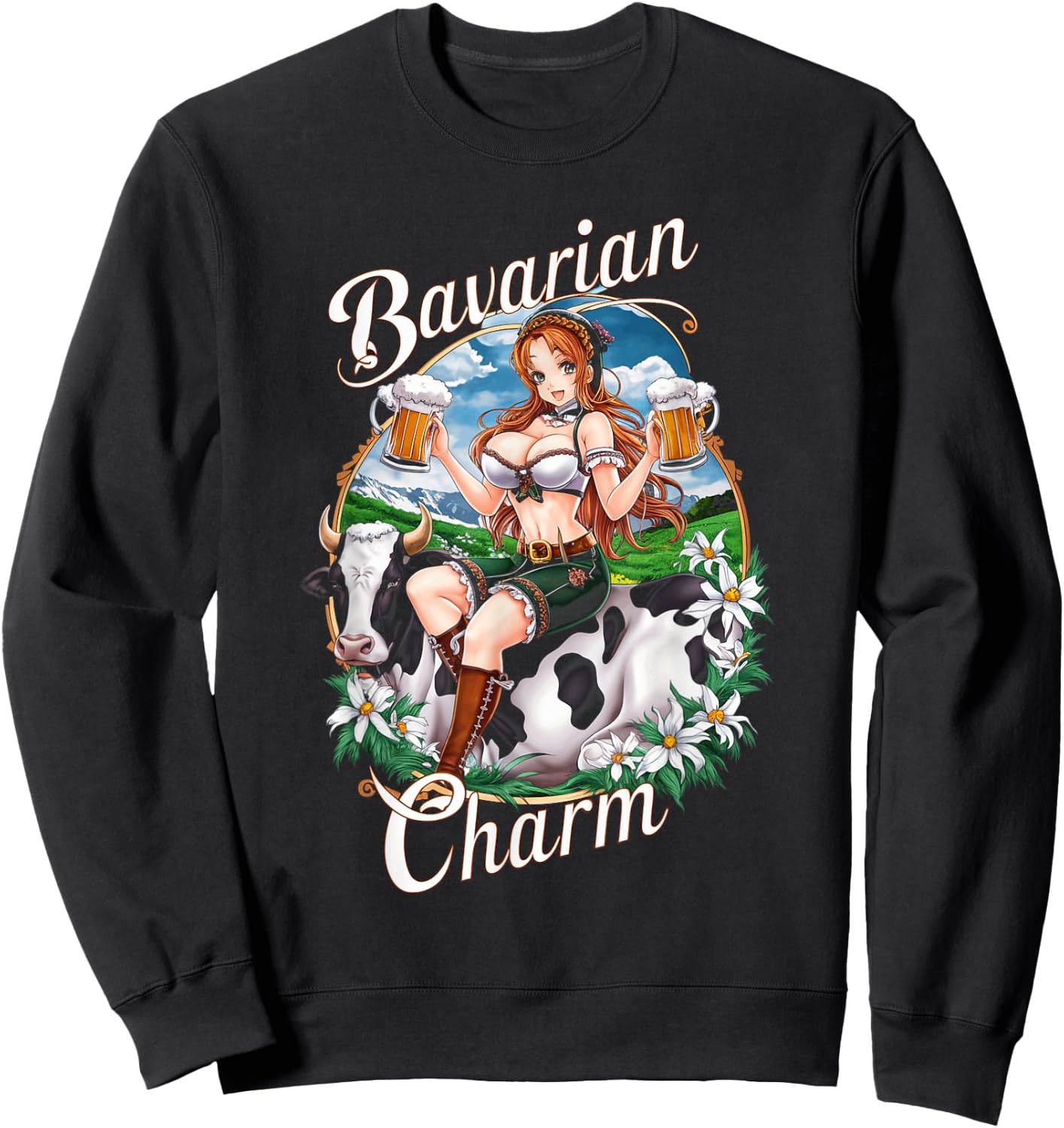 Bavarian Anime Girl with Beer Mugs German Manga Sweatshirt - Sweatshirt | Black