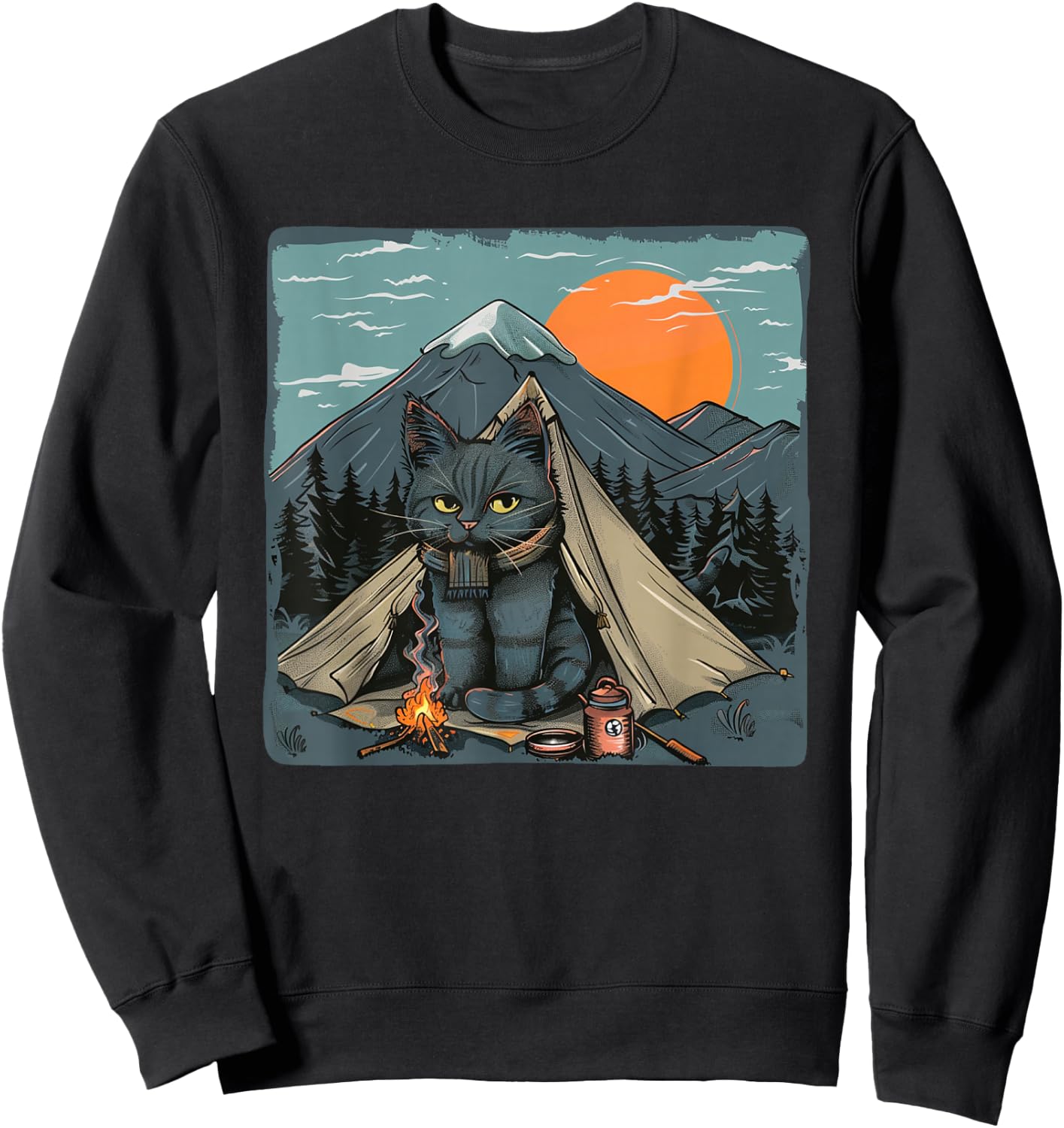 Awesome Nature Camping Cat with nice Mountains and Sunset Sweatshirt - Sweatshirt | Black