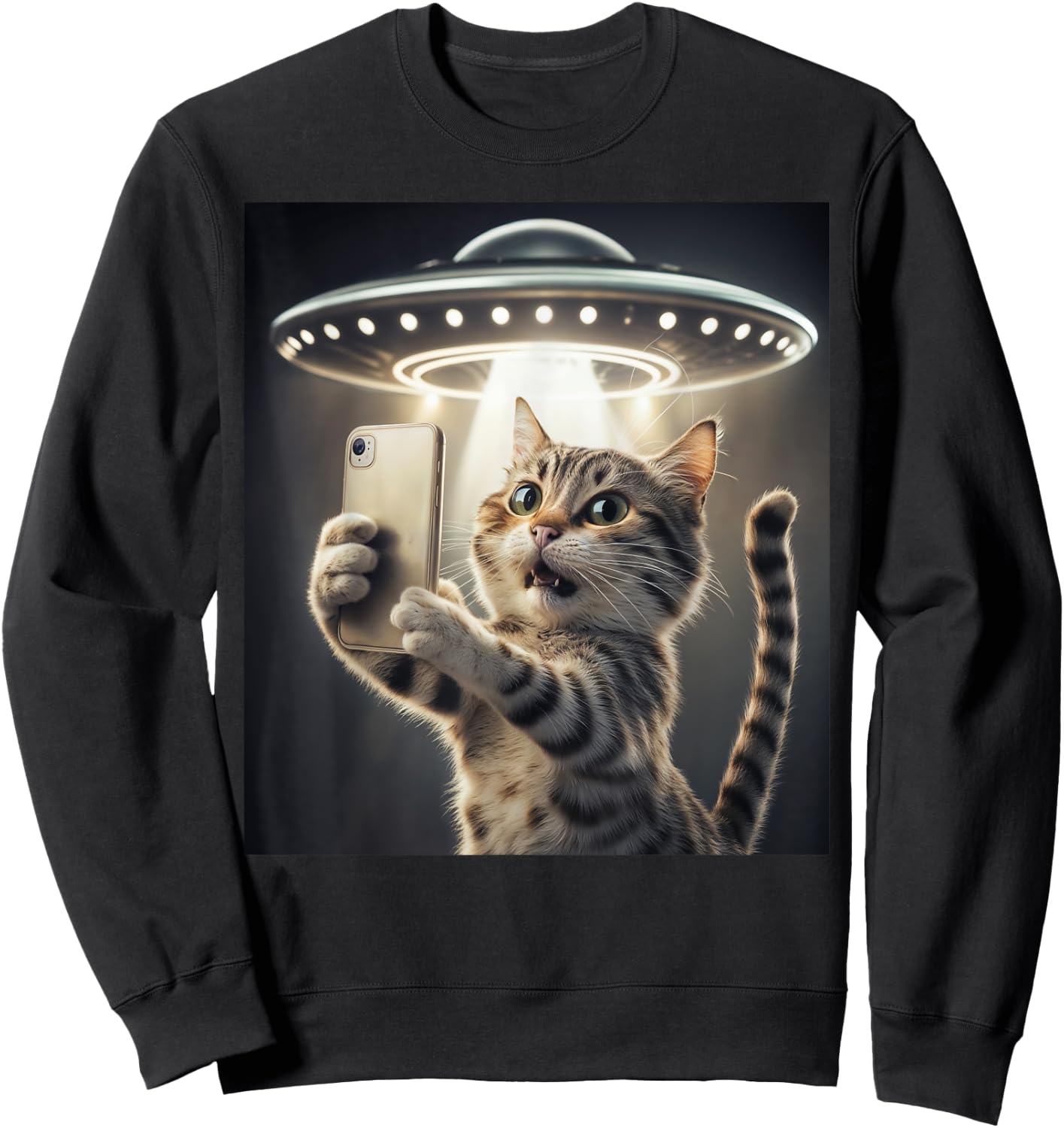 Cat Taking A Selfie With A UFO Cute And Funny Sweatshirt - Sweatshirt | Black
