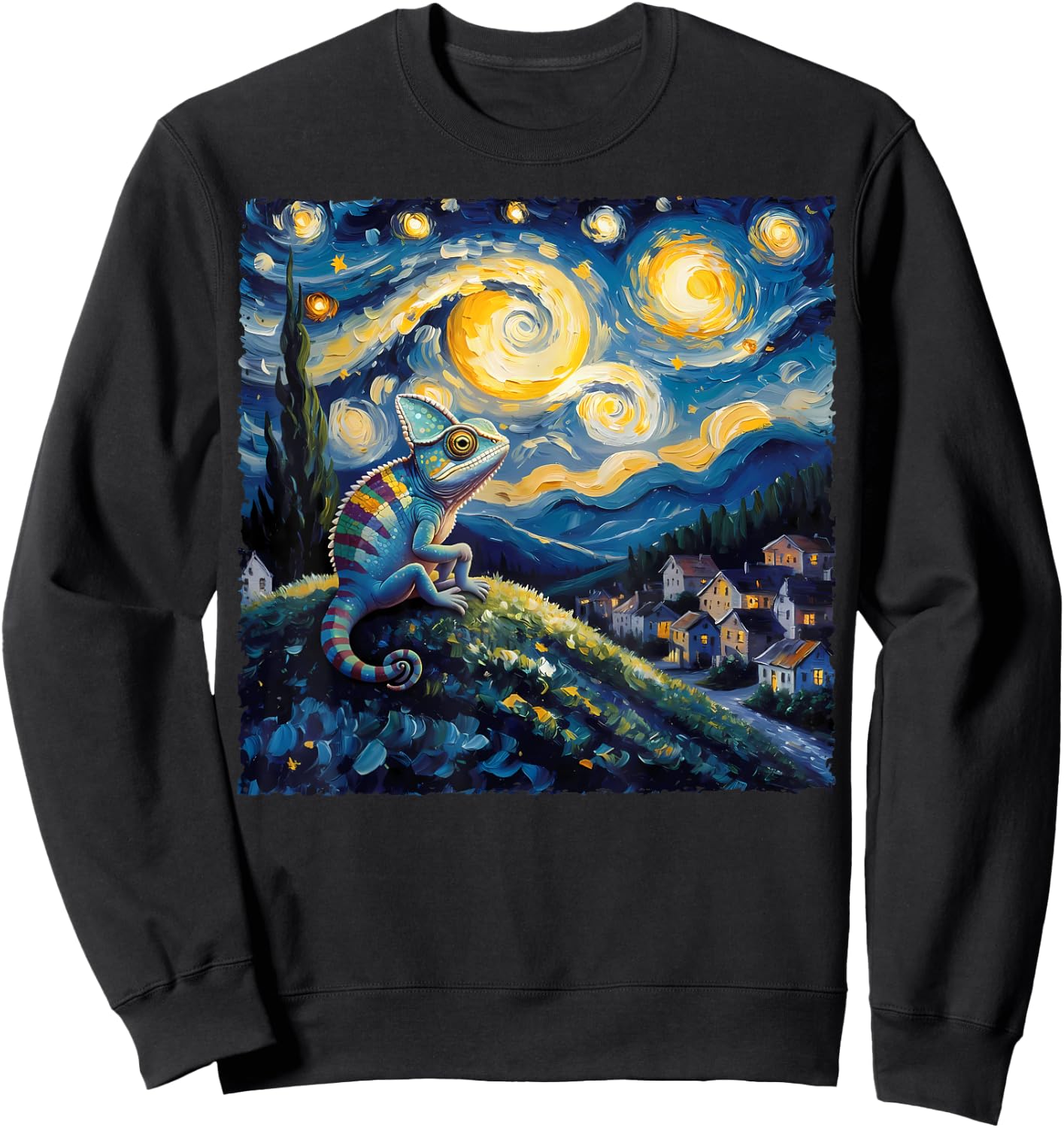 Van Gogh Style Funny Chameleon Lover Starry Night Painting Sweatshirt - Sweatshirt | Black