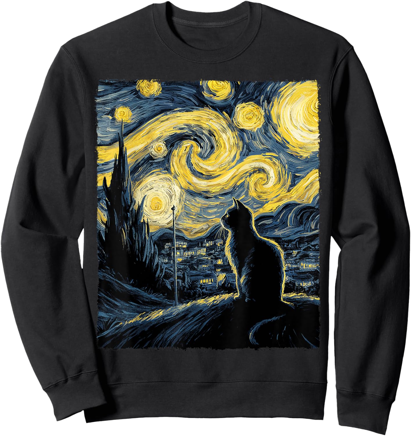 Cat Starry Night Van Gogh Gift Cat Lover Cat Mom Cat Dad Sweatshirt - Sweatshirt | Black