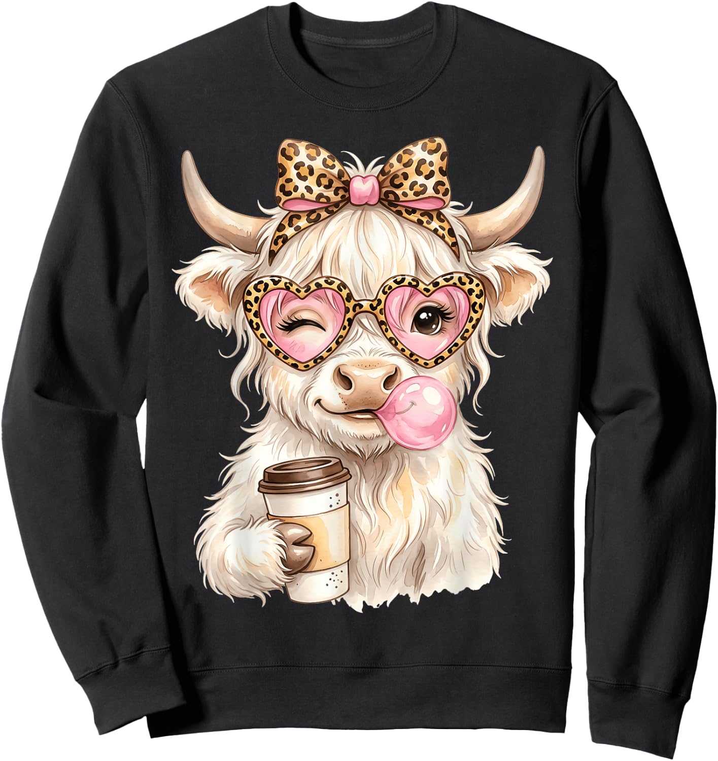 Scottish Highland Cow Blowing Bubblegum Sweatshirt - Sweatshirt | Black