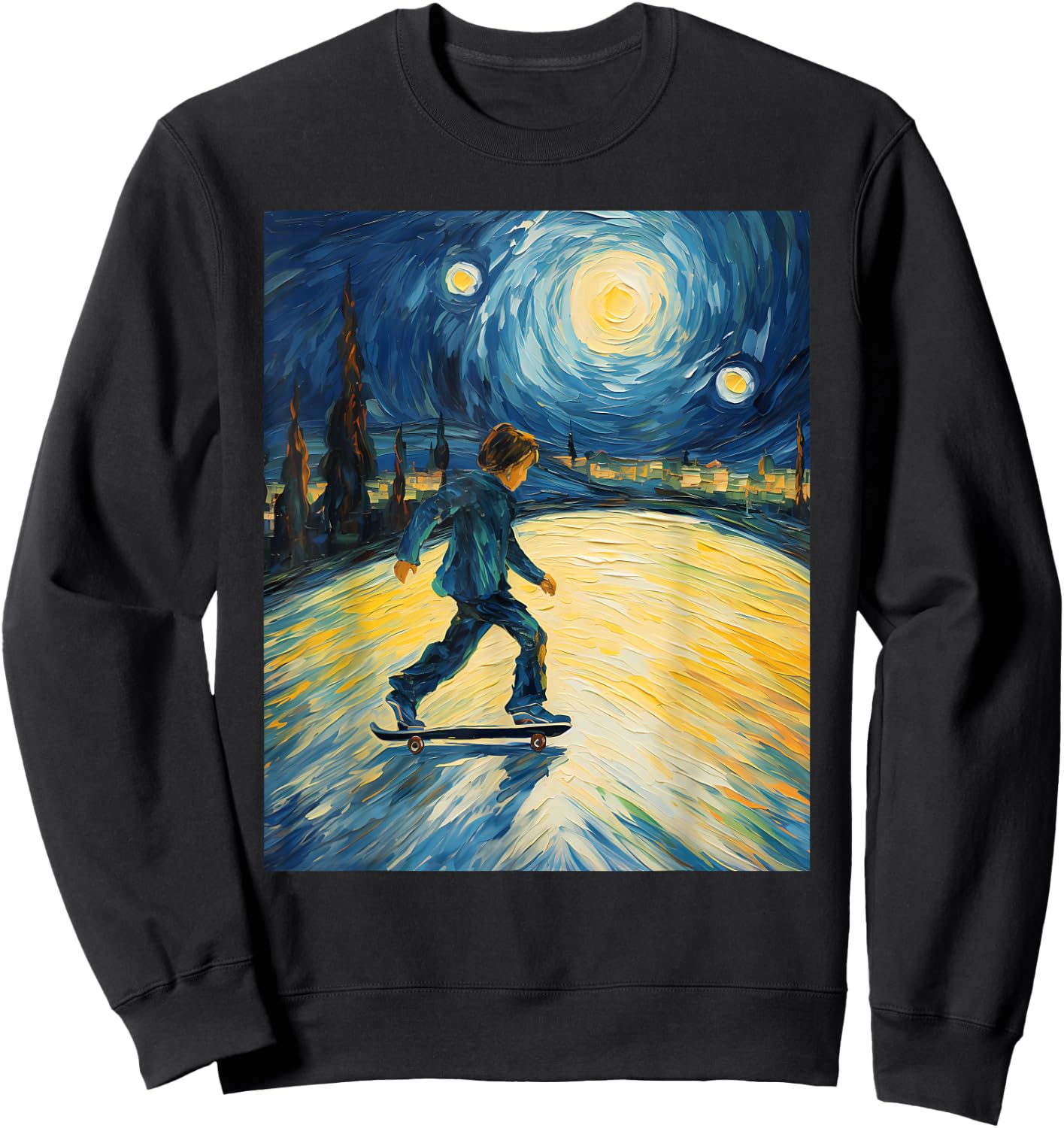 Aesthetic Surrealism Starry Night Boy Skateboarding Sweatshirt - Sweatshirt | Black