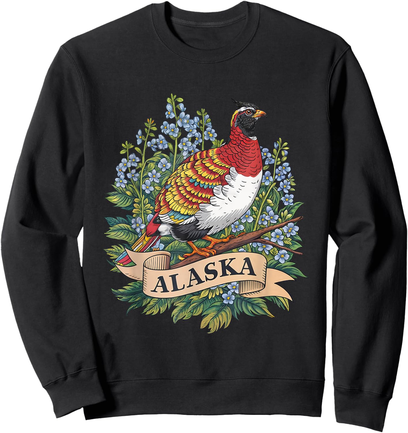 Alaska Willow Ptarmigan Bird and Forget-Me-Not Flower Sweatshirt - Sweatshirt | Black