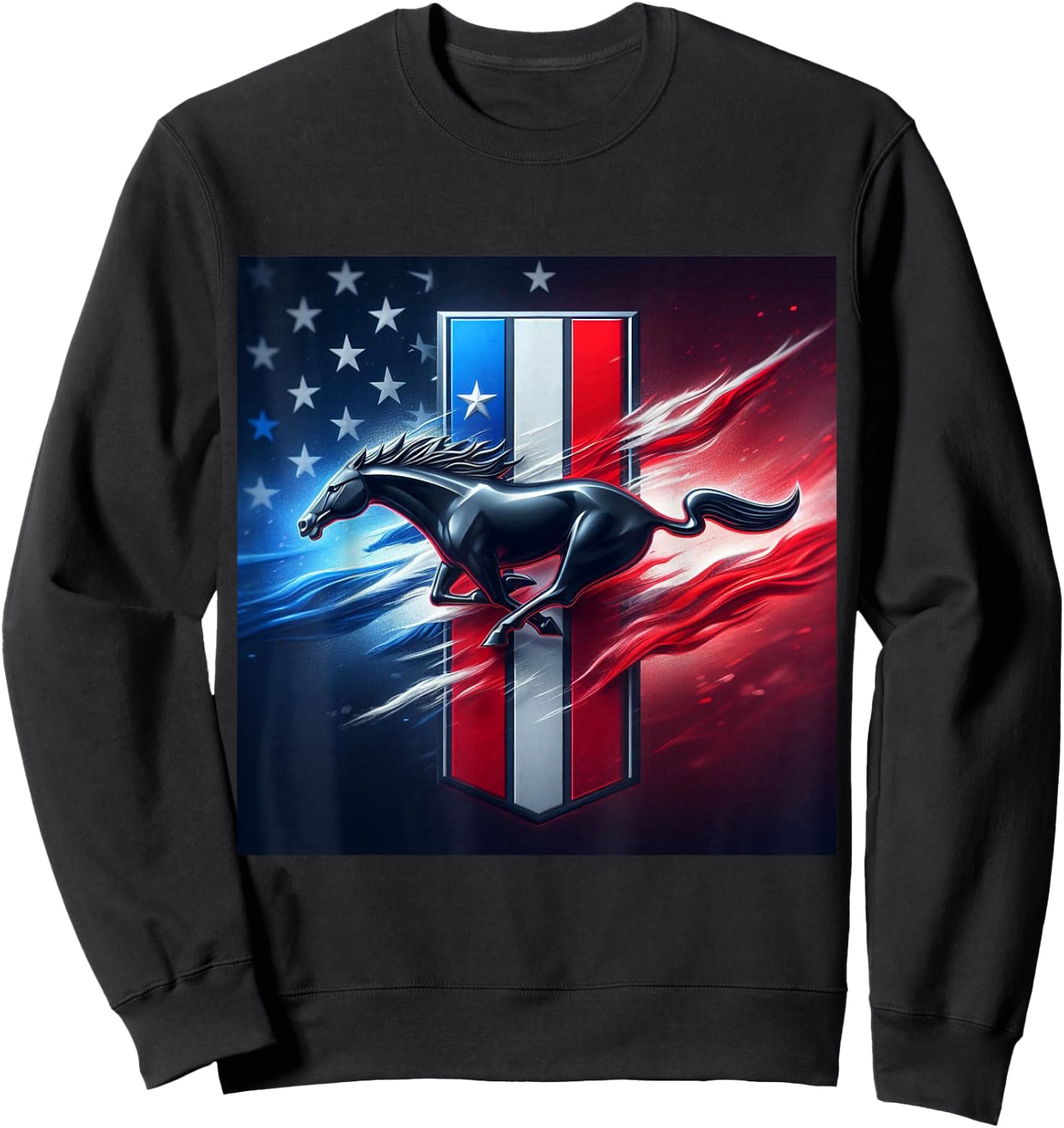 Galloping Mustang on Tri-Bar & Flag Background Sweatshirt - Sweatshirt | Black
