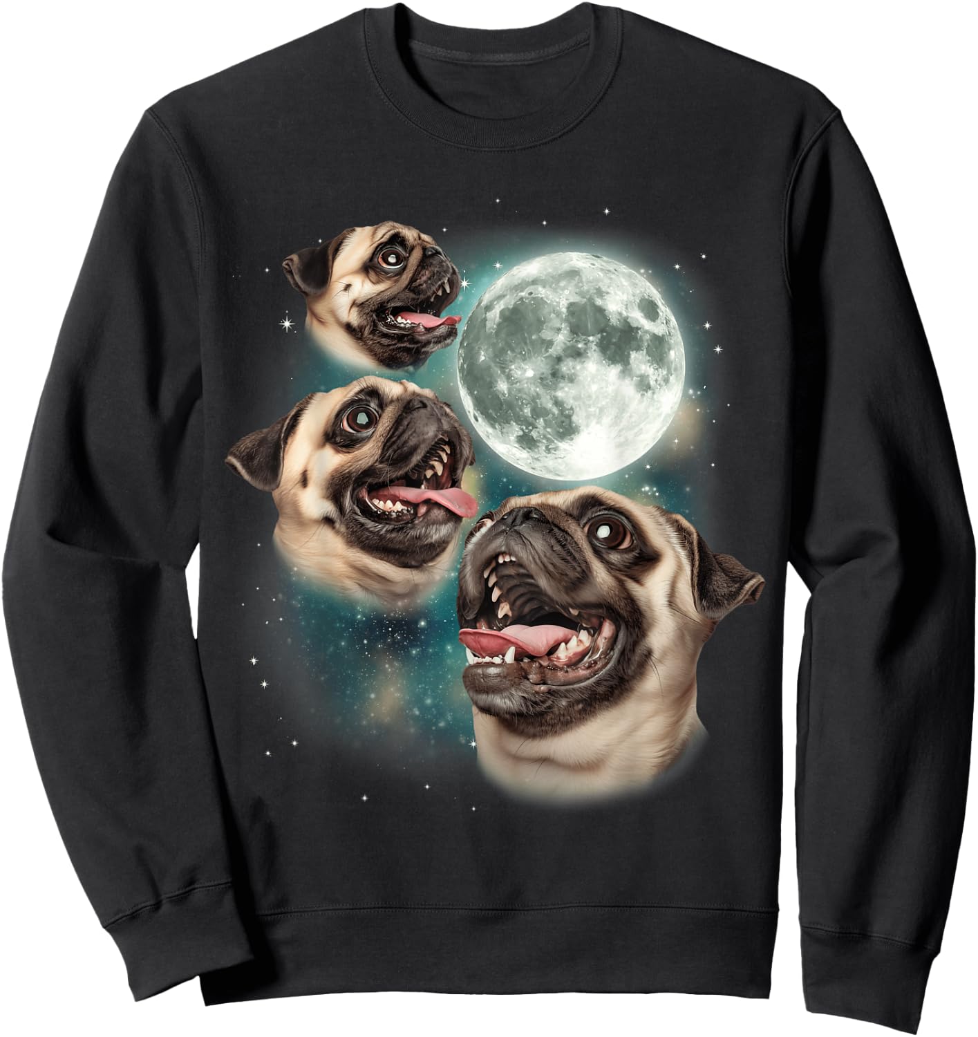Three Pug Moon | 3 Pug Howling Funny Cute Dog Lover Sweatshirt - Sweatshirt | Black