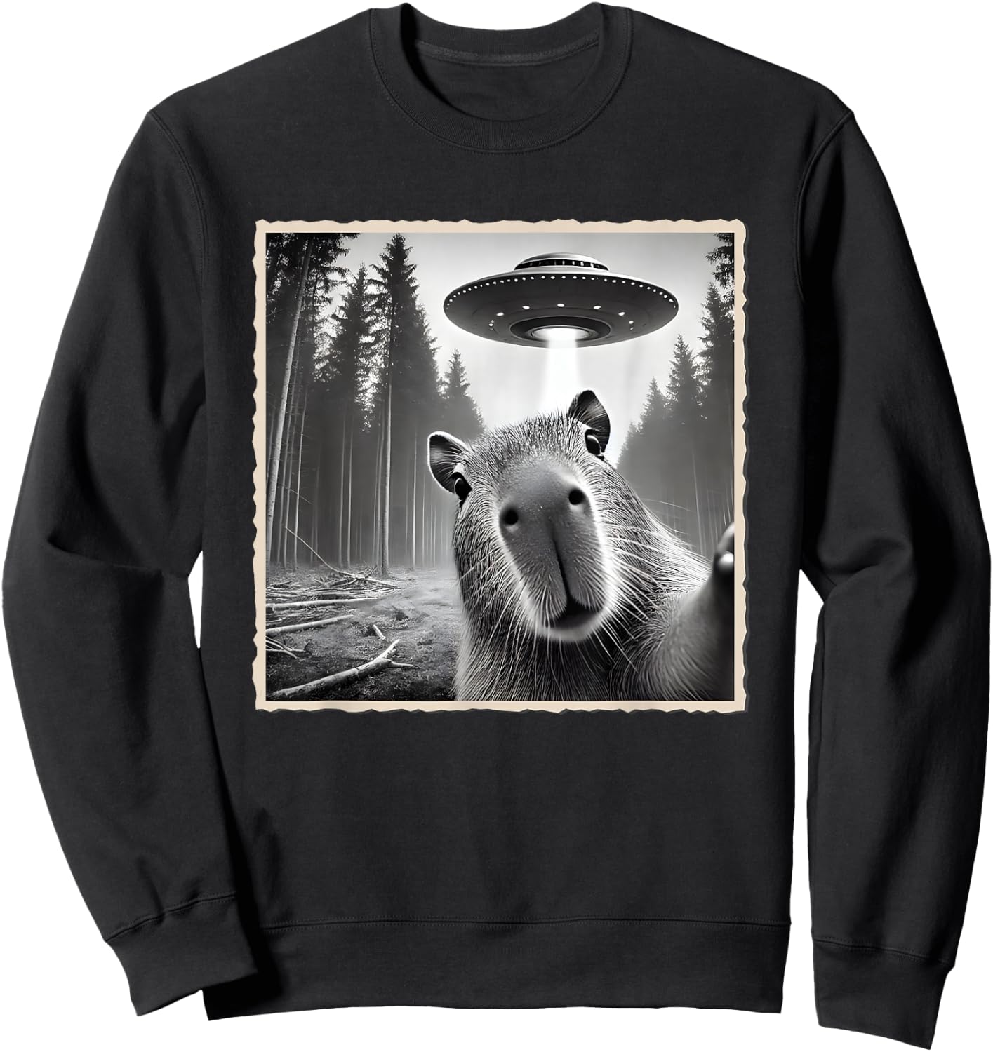 Funny Capybara Selfie With UFO | Capybara Sweatshirt - Sweatshirt | Black