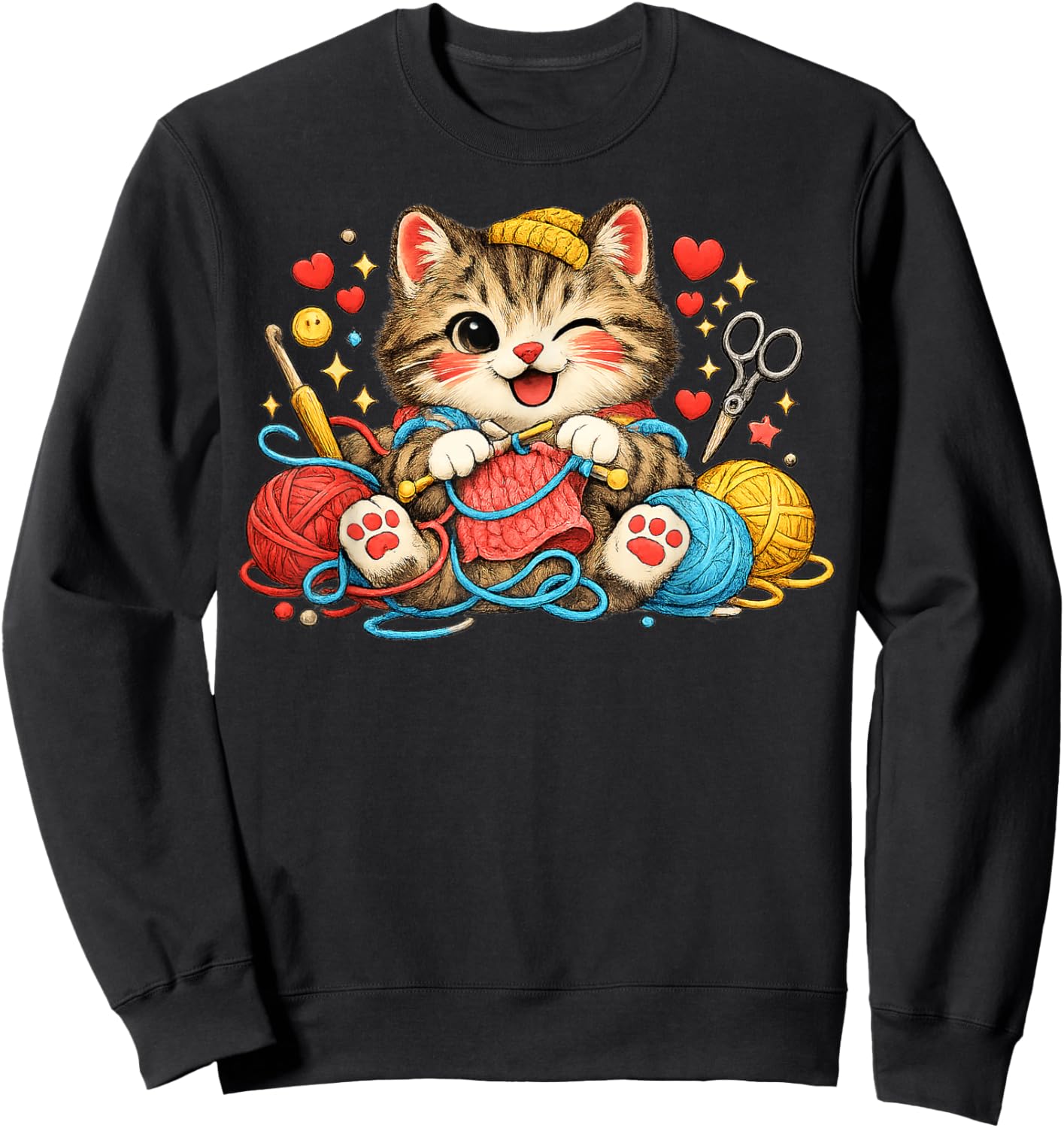 Funny Knitting Cat Crochet Yarn Lover Cute Cat Design Sweatshirt - Sweatshirt | Black