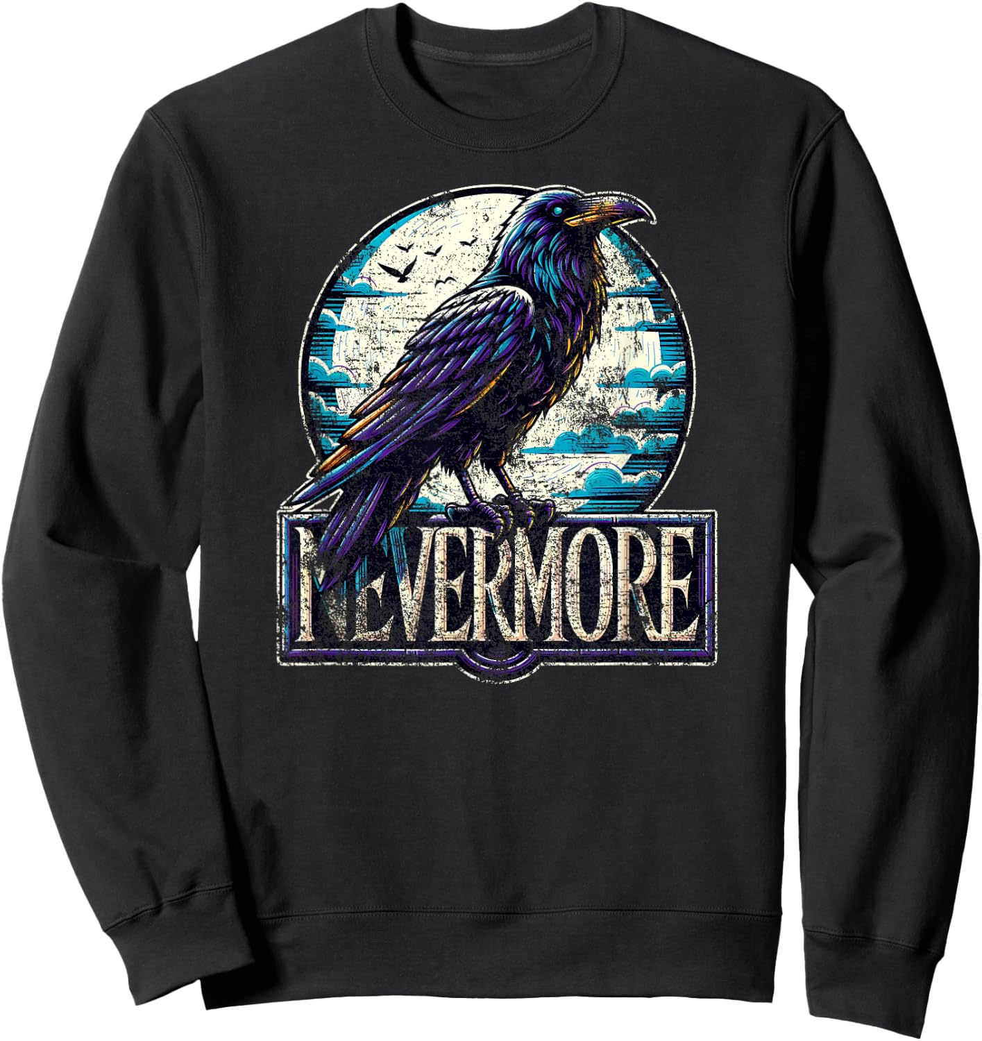 Nevermore with Raven Edgar Allan Poe Distressed Sweatshirt - Sweatshirt | Black