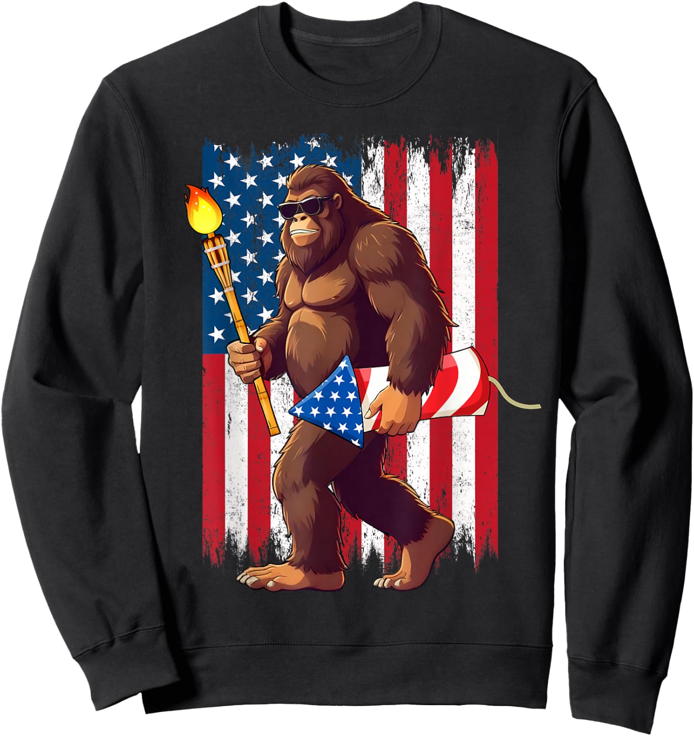 Bigfoot Fireworks 4th of July Sasquatch American US Flag Men Sweatshirt - Sweatshirt | Black
