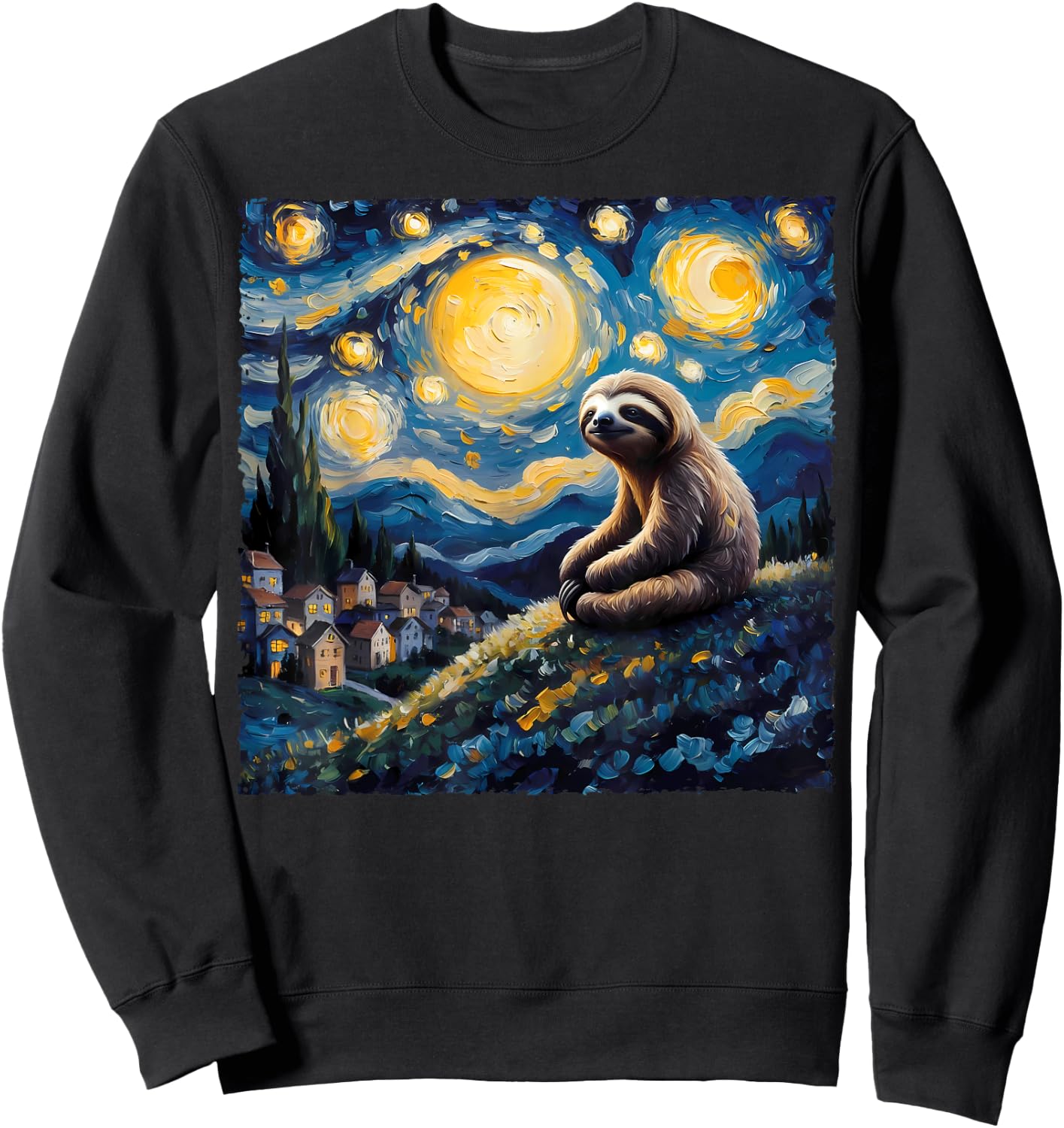 Van Gogh Style Funny Sloth Lover The Starry Night Painting Sweatshirt - Sweatshirt | Black