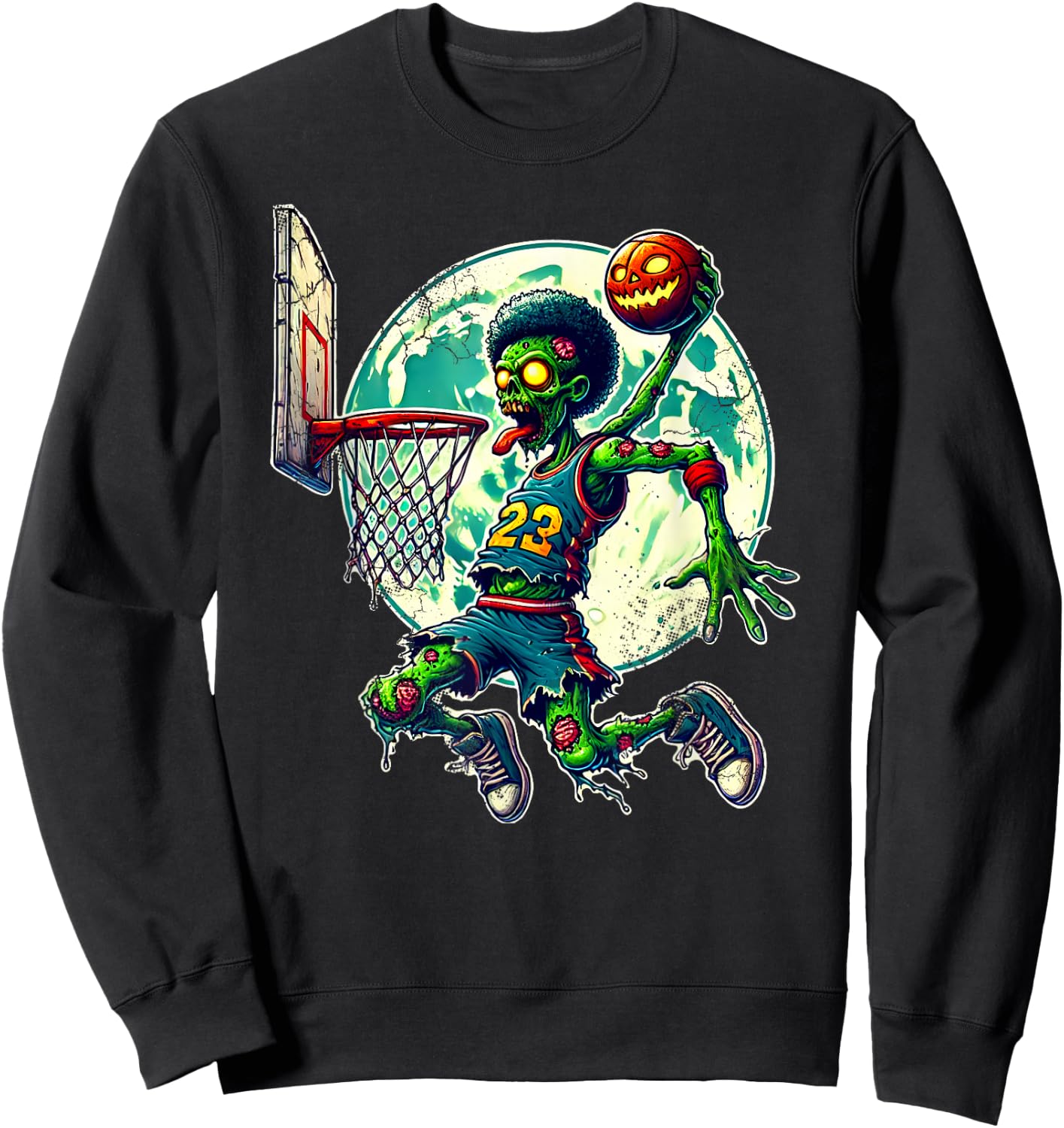 Halloween Zombie Basketball Player Retro Distressed Design Sweatshirt - Sweatshirt | Black