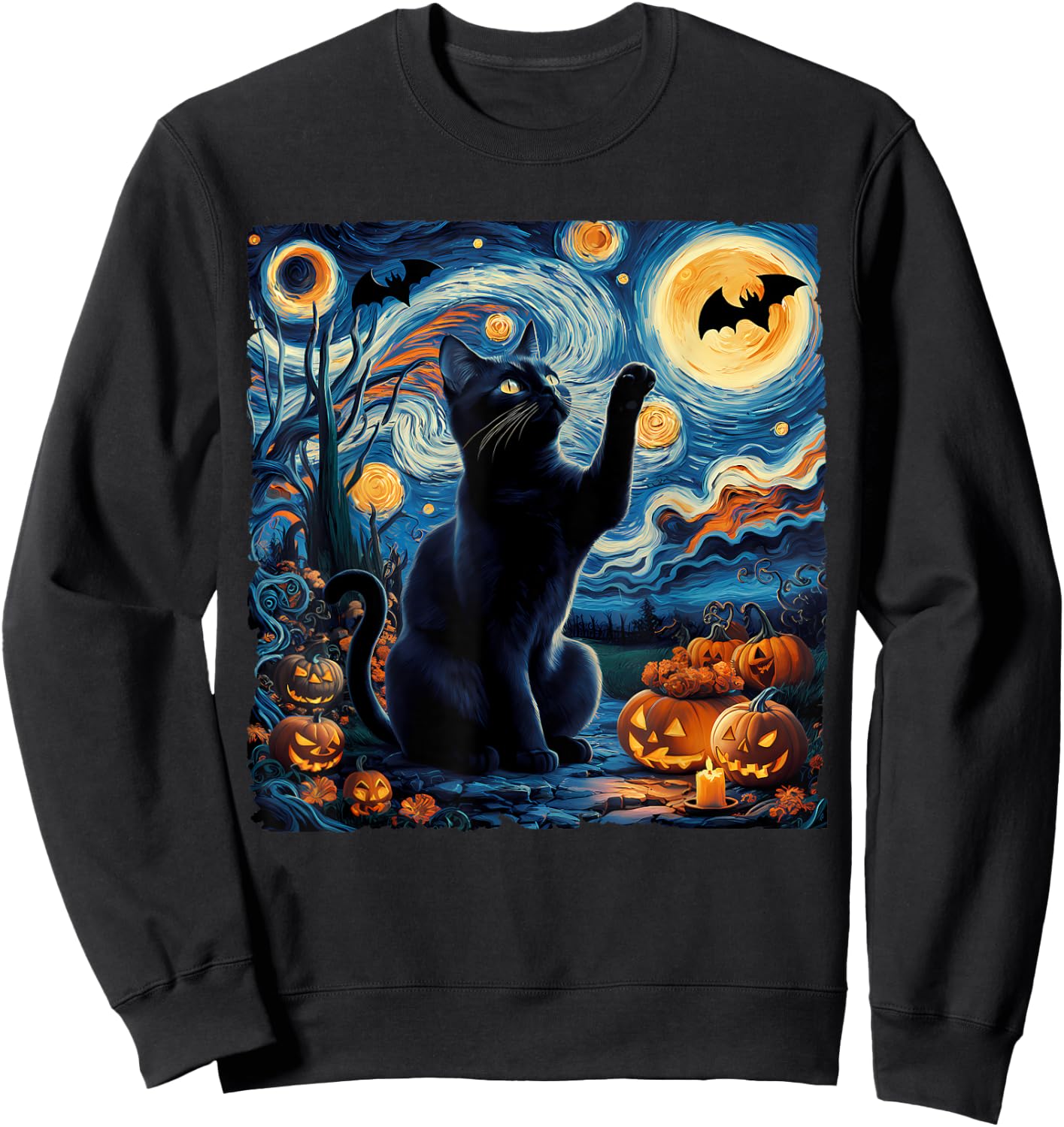 Halloween Van Gogh' Starry Night Black Cat Pumpkins Bats Women Kids Sweatshirt - Sweatshirt | Black