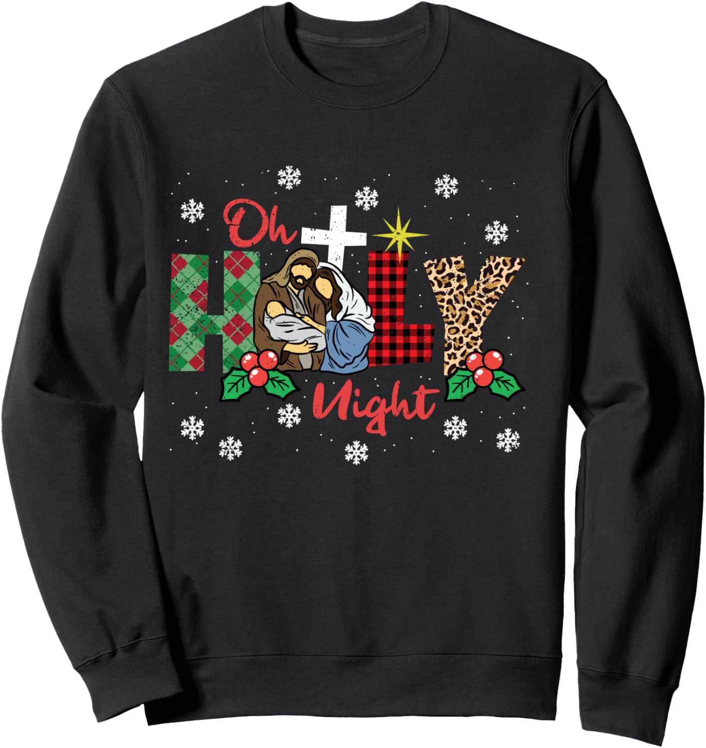 Oh Holy Night Christmas Pajama X-Mas Plaid Christian Sweatshirt - Sweatshirt | Black