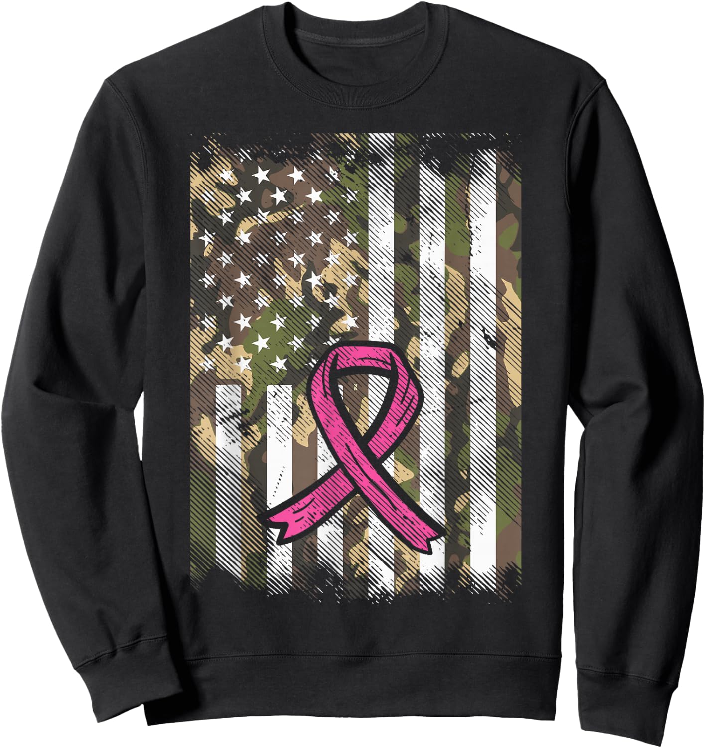 Camo Flag Pink Ribbon Breast Cancer Awareness Patriotic Sweatshirt - Sweatshirt | Black