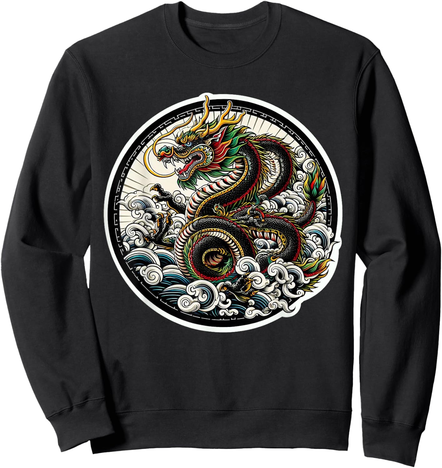 xDevery Asian Dragon Green Lucky Tattoo Design Colourful Vivid , Small, Black Sweatshirt - Sweatshirt | Black