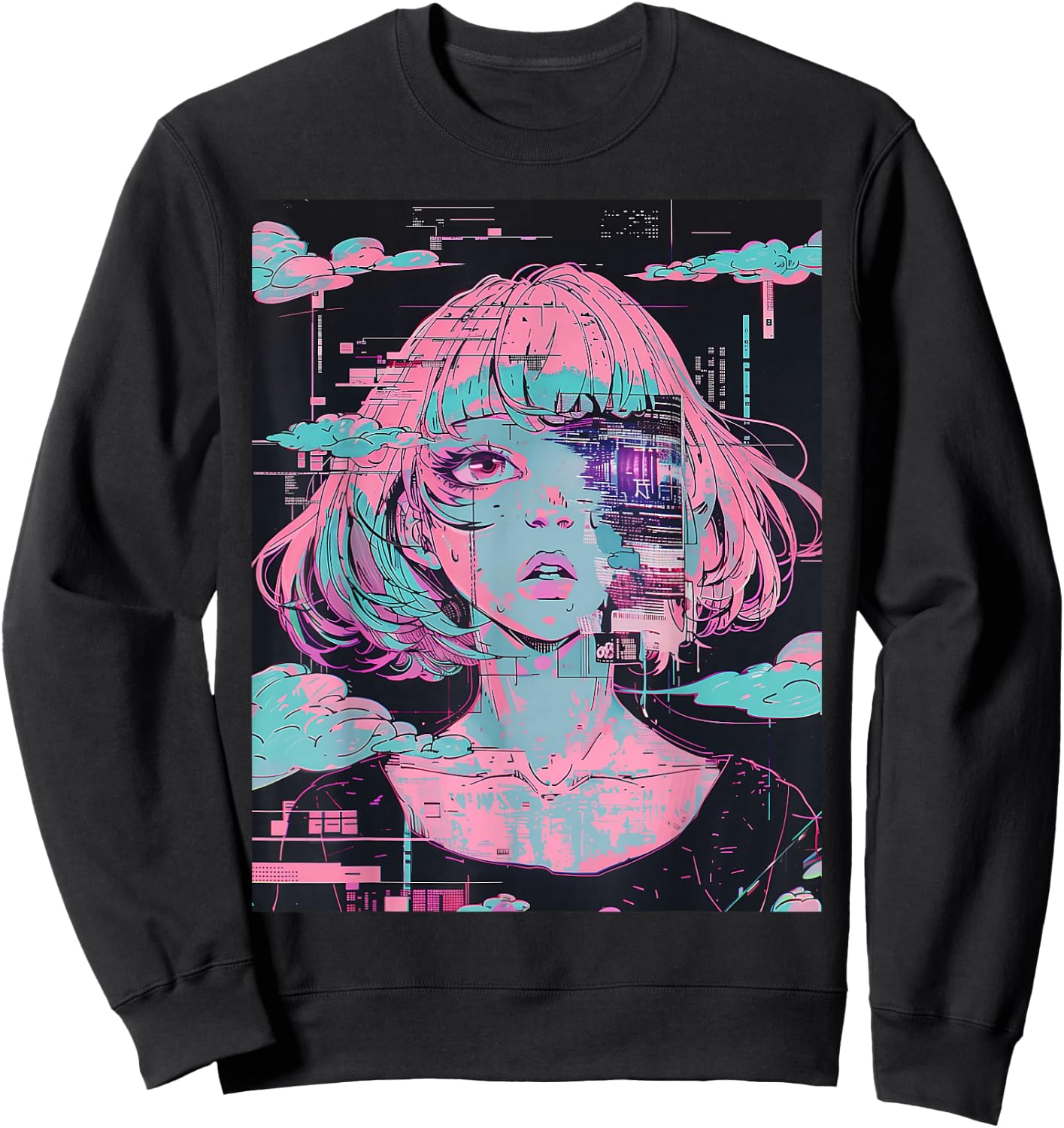 Anime Girl Vaporwave Glitchcore Pastel Goth Distressed Sweatshirt - Sweatshirt | Black