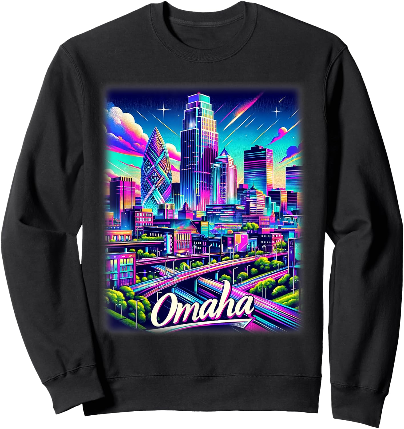 Omaha Nebraska Shirt Family Trip 80s 90s Retro City Skyline Sweatshirt - Sweatshirt | Black