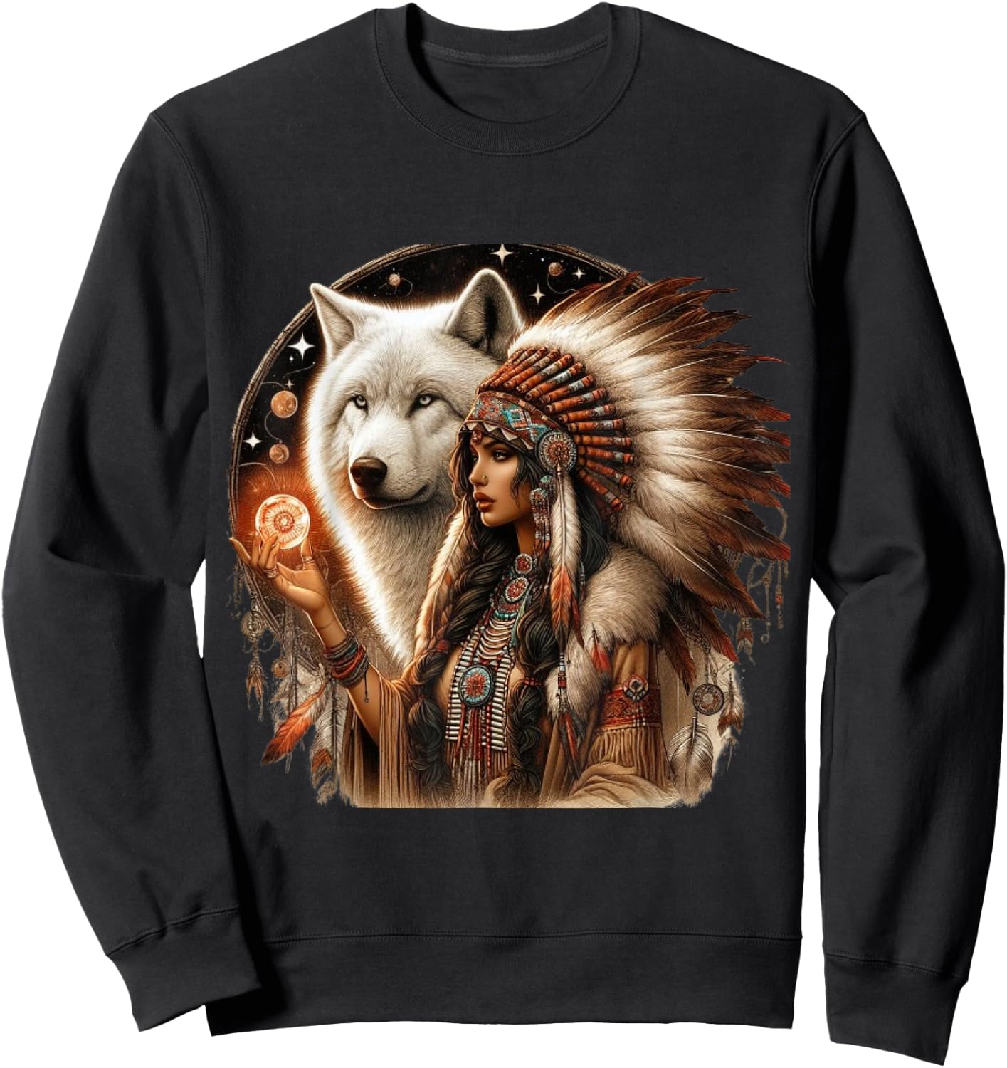 Indian Native American Woman With White Wolf Vitage Gifts Sweatshirt - Sweatshirt | Black